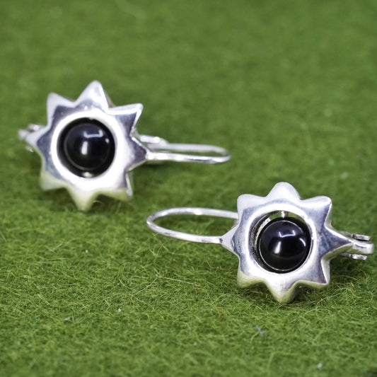 Vintage sterling 925 silver handmade star earrings with circle onyx