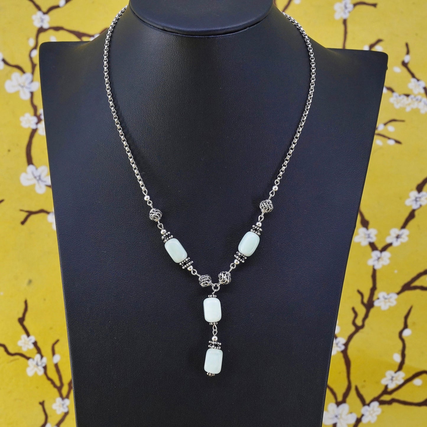 16", Sterling silver 925 handmade necklace, circle chain with cube jade pendant