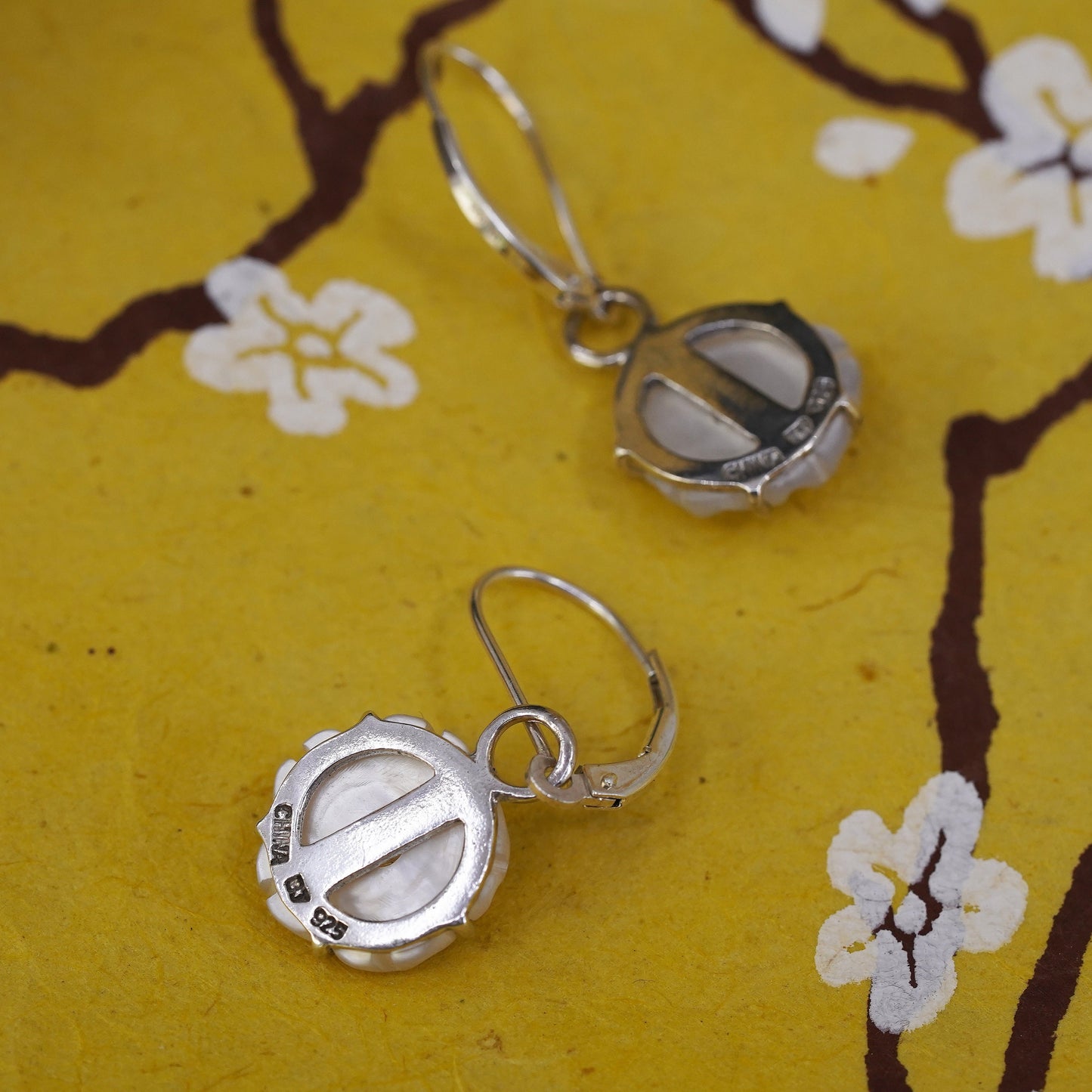 Vintage Sterling silver earrings, 925 plumeria flower dangles mother of pearl