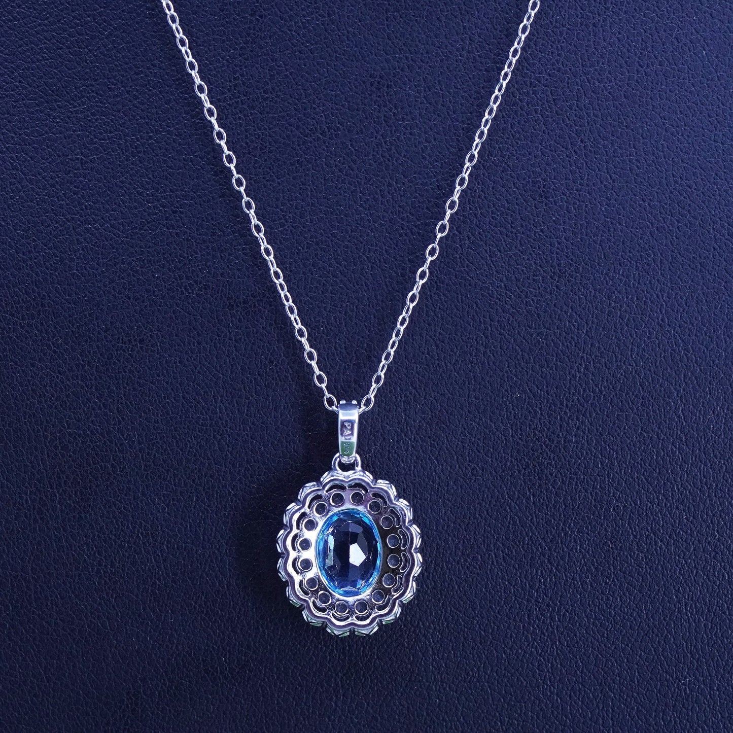 18”, Sterling silver necklace, 925 circle link chain with blue topaz pendant