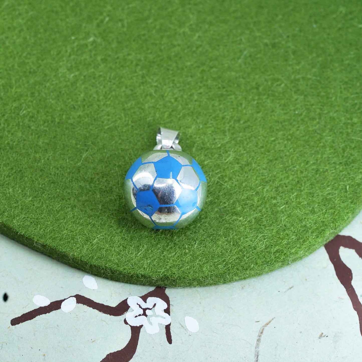 Mexican sterling silver pendant, 925 silver football soccer charm blue enamel