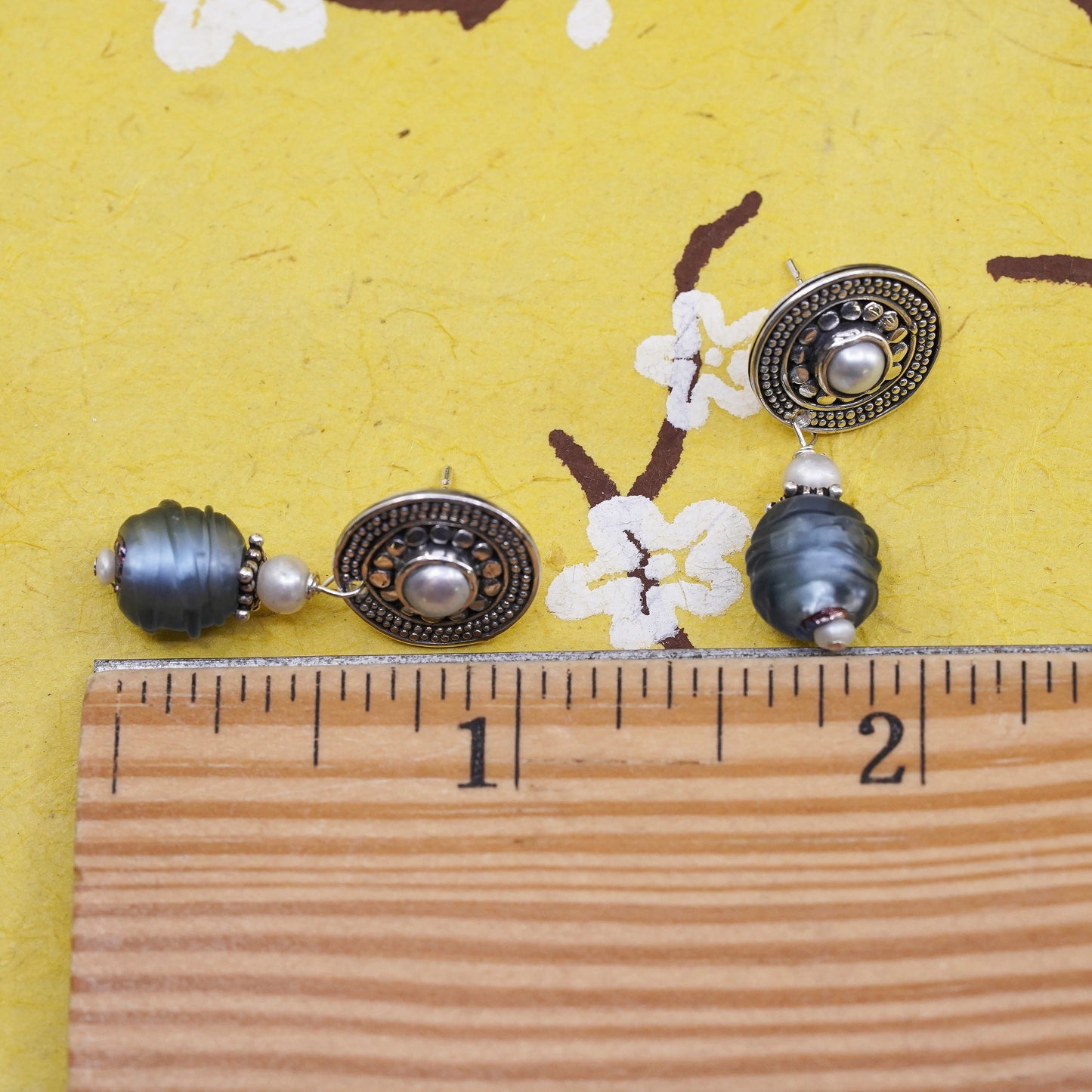 Vintage sterling silver earrings, bali 925 discs with pearl and blue glass bead