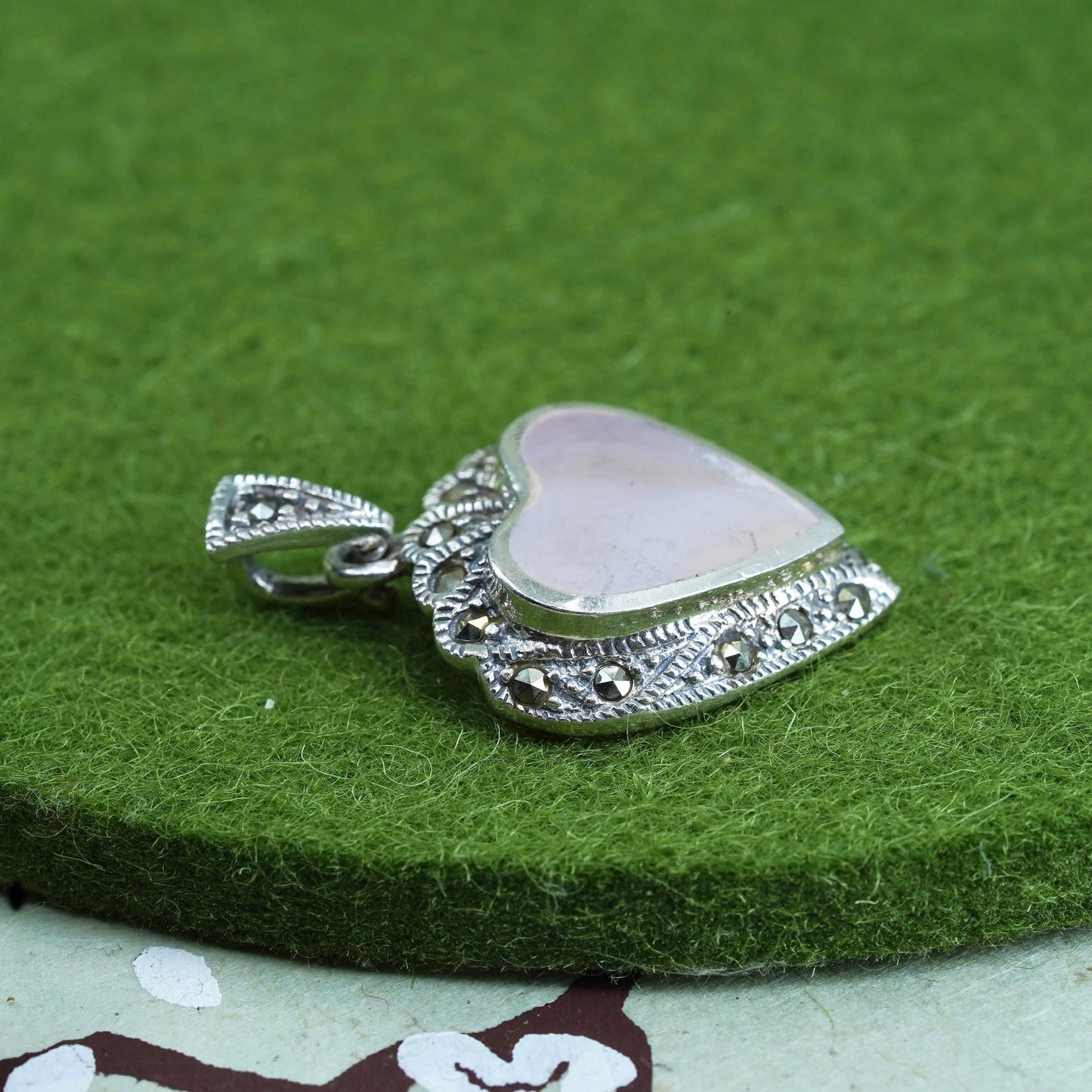 sterling 925 silver handmade heart pendant with mother of pearl and marcasites