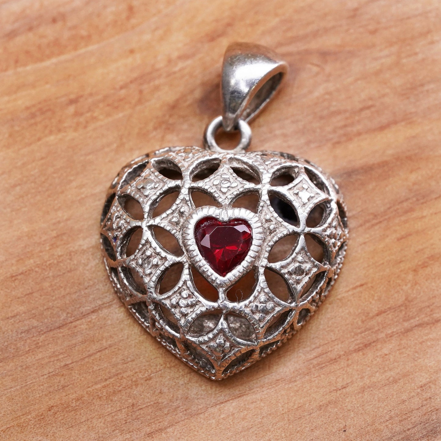 Vintage Sterling silver handmade pendant, 925 filigree heart with ruby