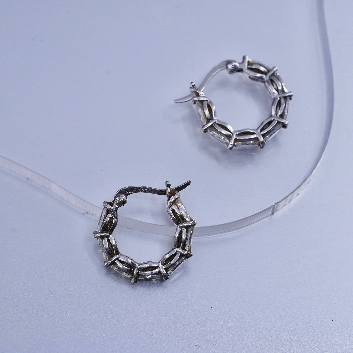 0.5”, vintage Sterling silver handmade earrings, 925 Huggie hoops with Cz