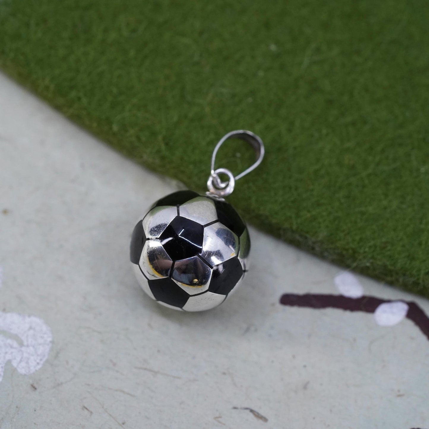 sterling silver pendant, 925 Mexico silver 3D football soccer charm enamel