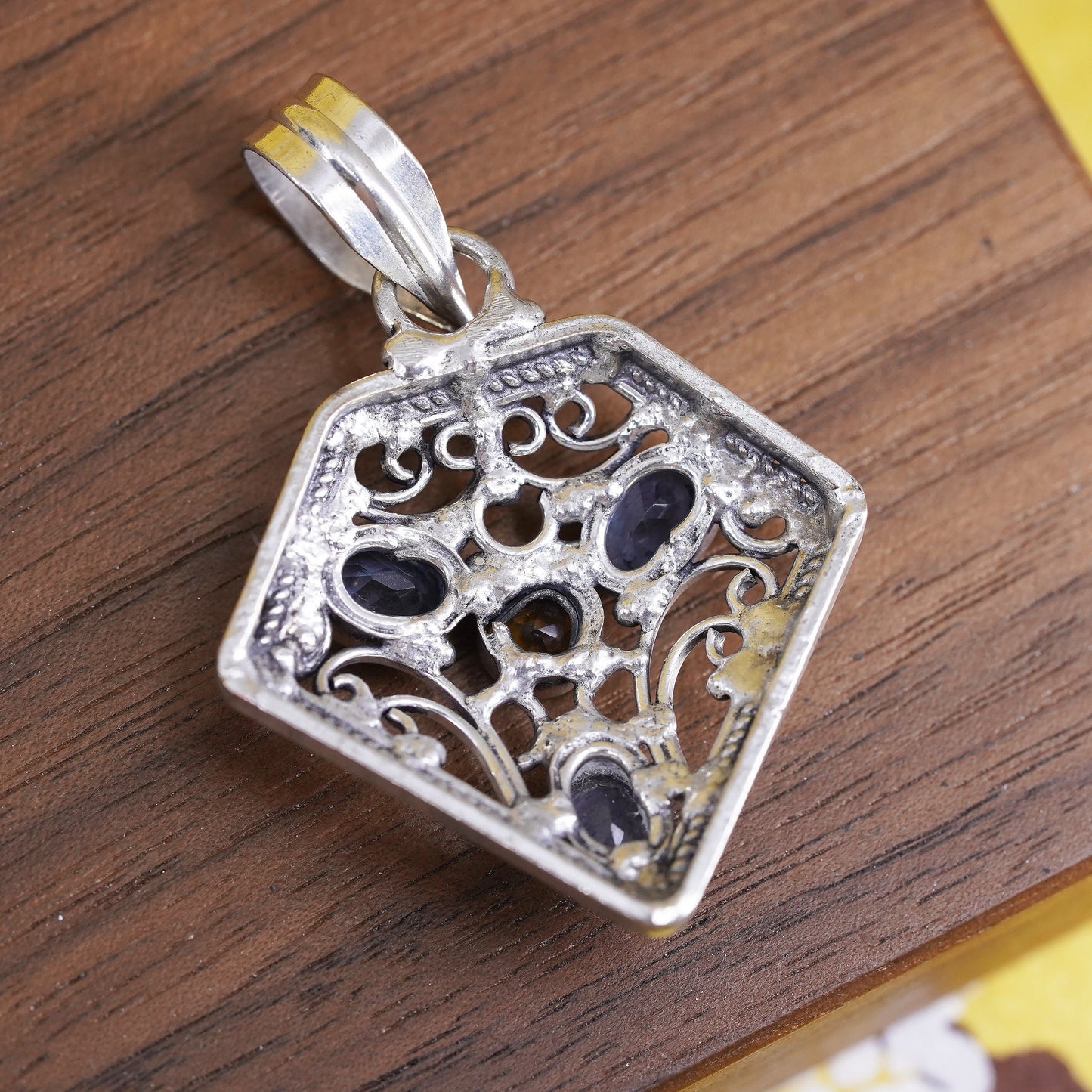 Vintage Sterling silver pendant, 925 filigree diamond with amethyst and topaz