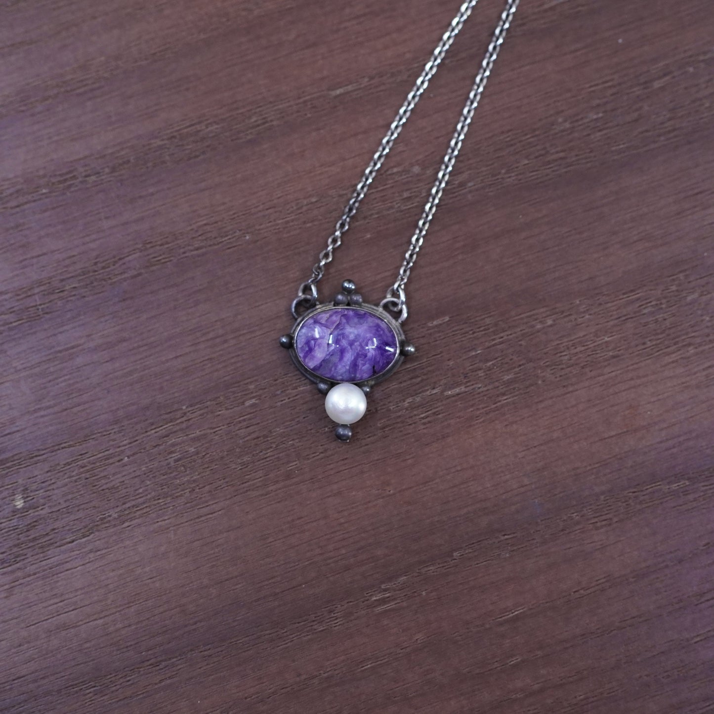 16”, handmade necklace, 925 silver circle chain with Charoite and pearl pendant