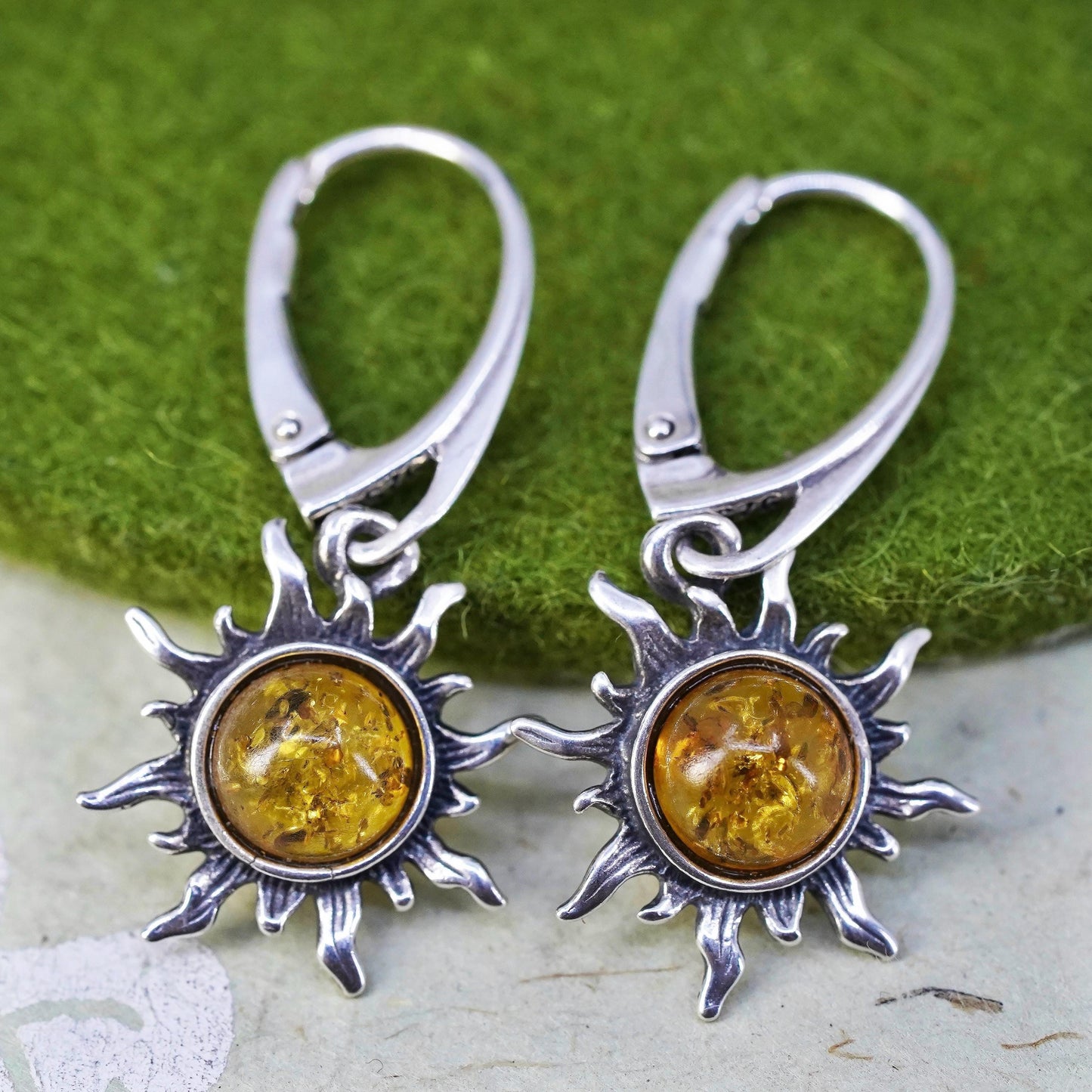 Vintage sterling 925 silver handmade Amber sun earrings with honey amber