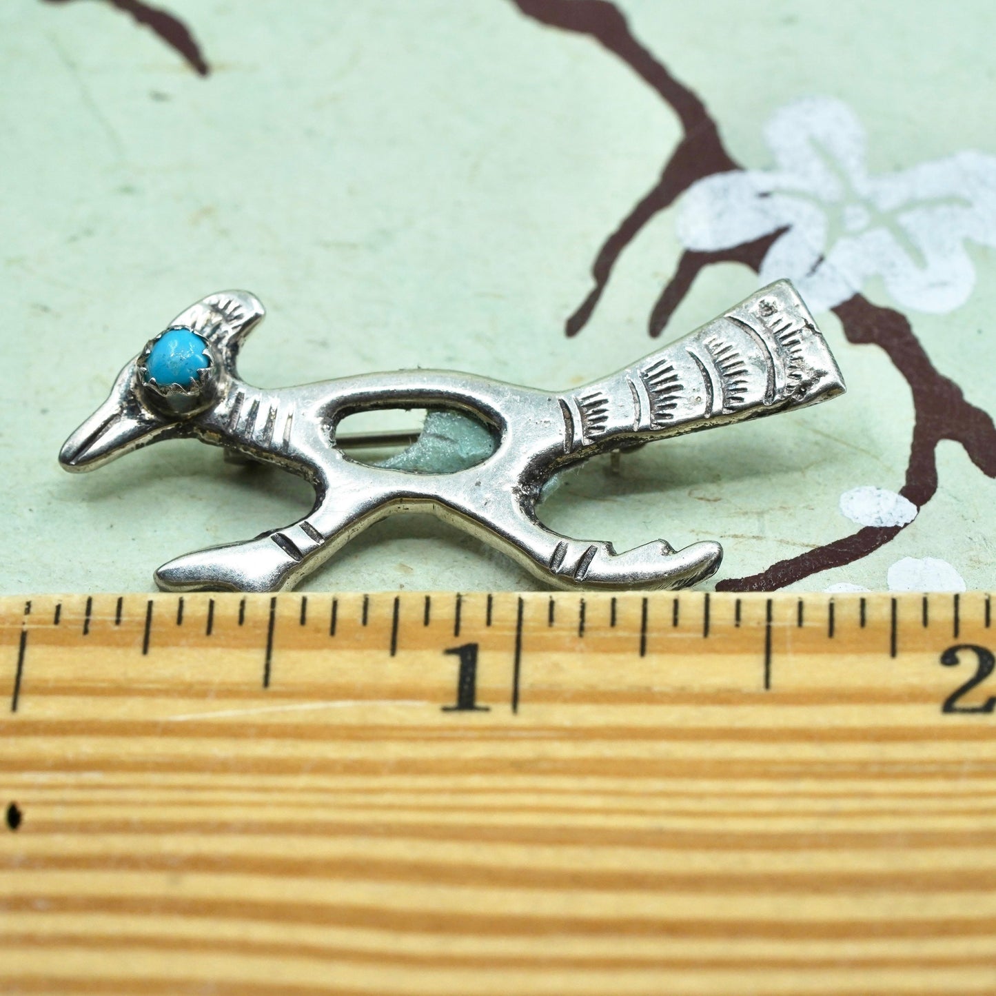 Native American Navajo sterling silver brooch 925 roadrunner bird pin turquoise