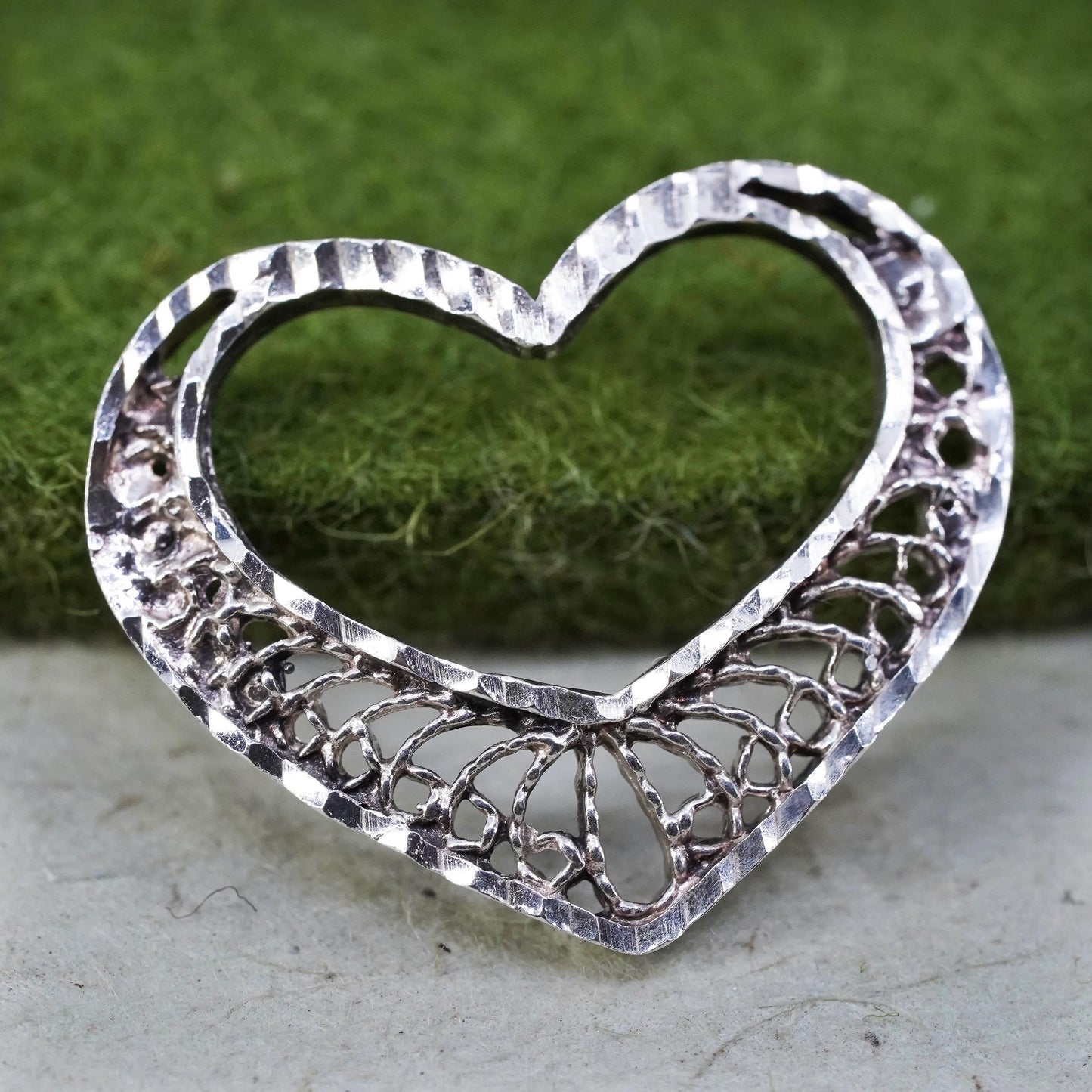 vintage sterling silver handmade pendant, 925 filigree heart charm