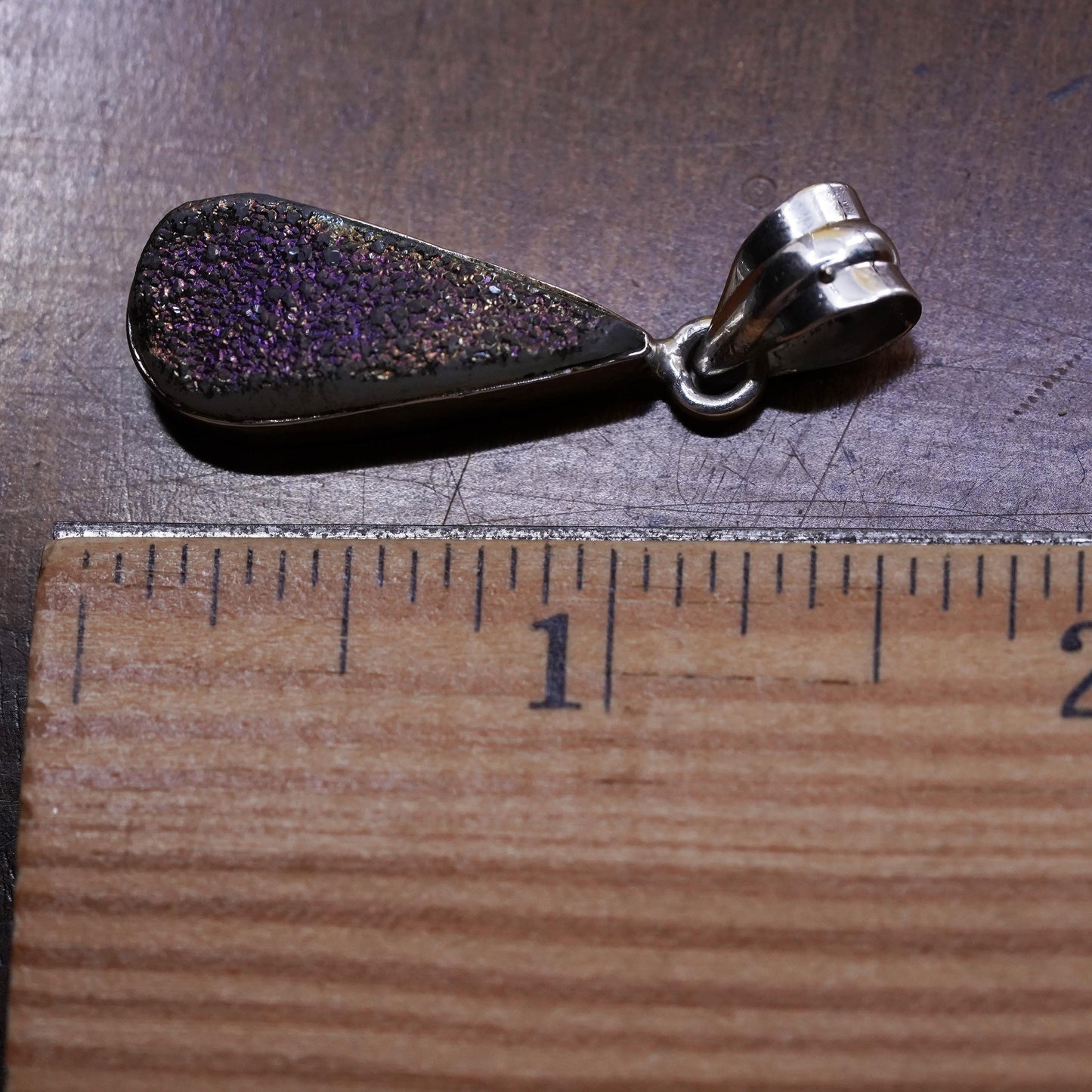 VTG Sterling silver handmade pendant, Mexico 925 teardrop purple druzy stone