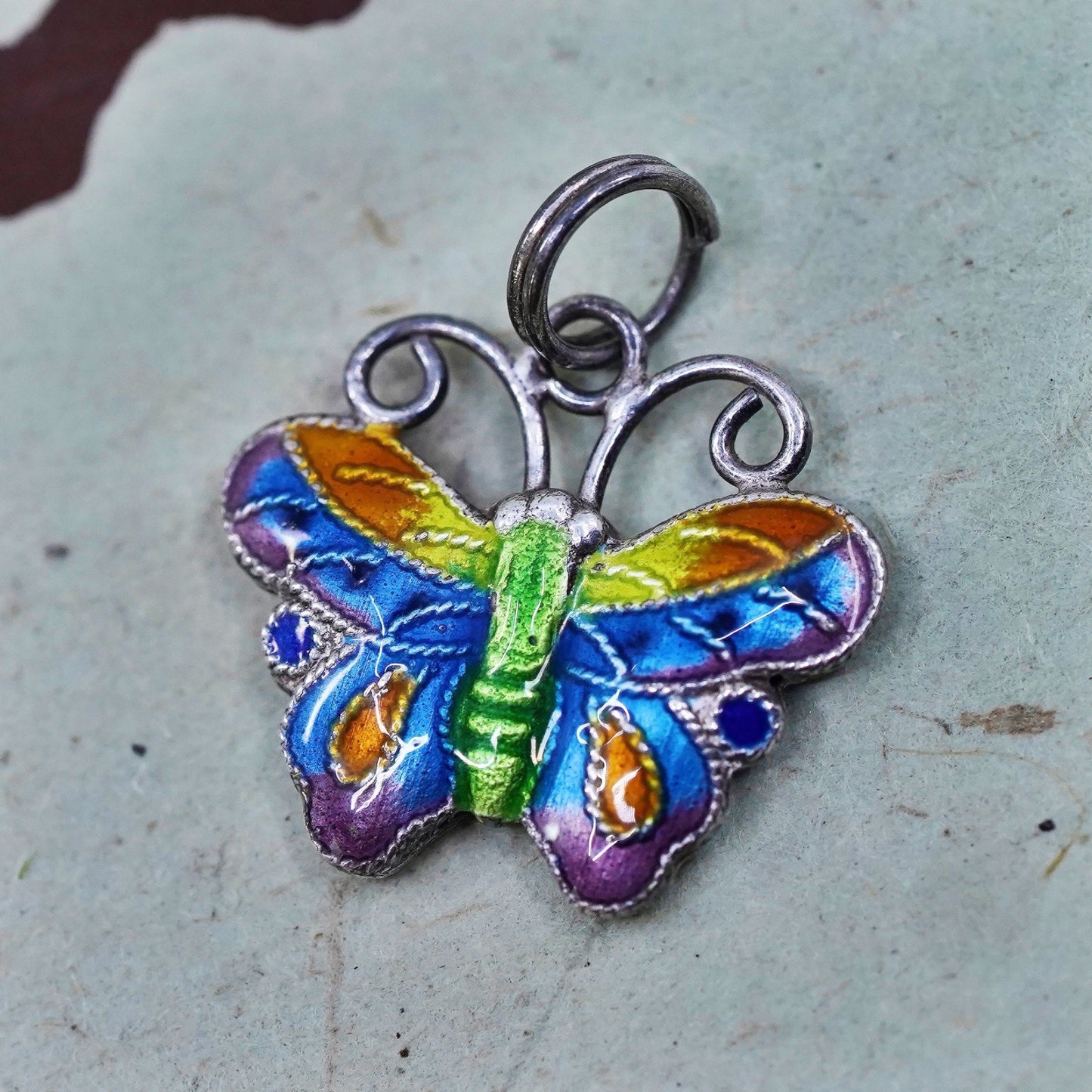 Vintage sterling silver handmade pendant, 925 colorful enamel butterfly charm