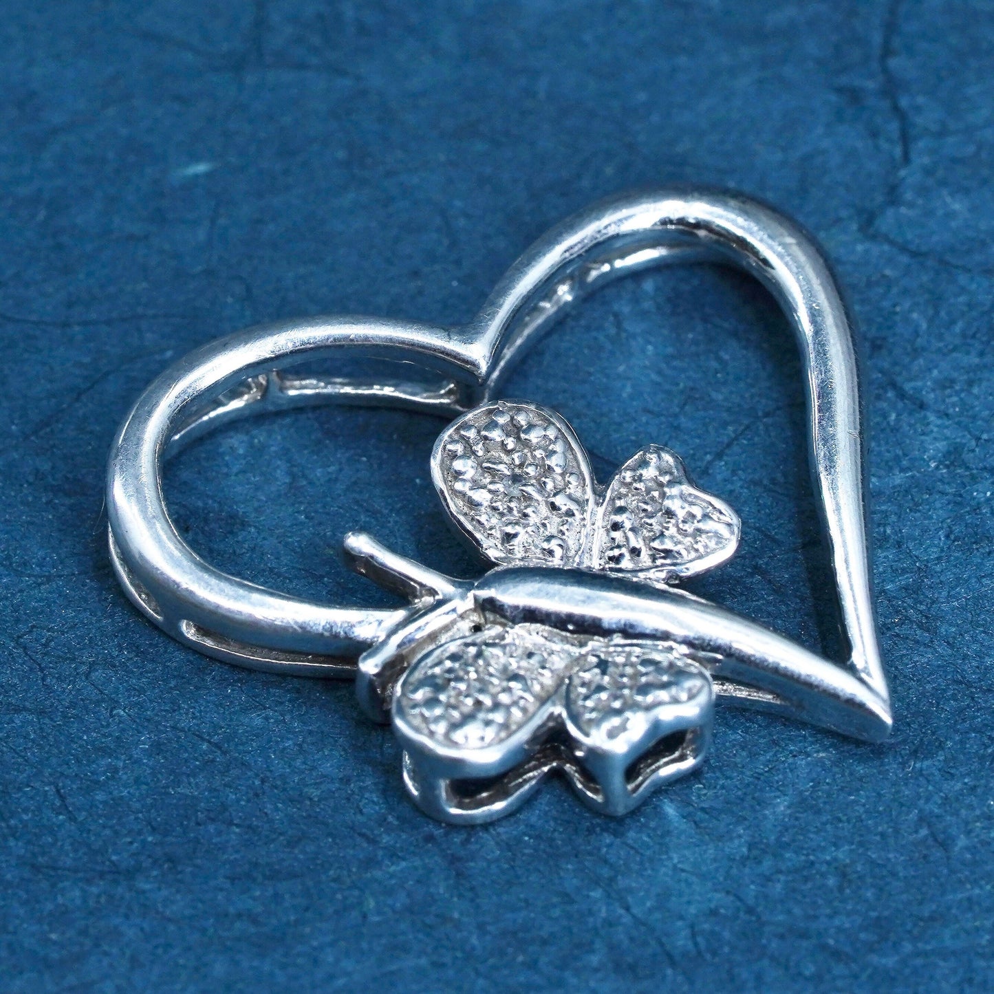 Vintage Sterling 925 silver heart pendant with butterfly and diamond