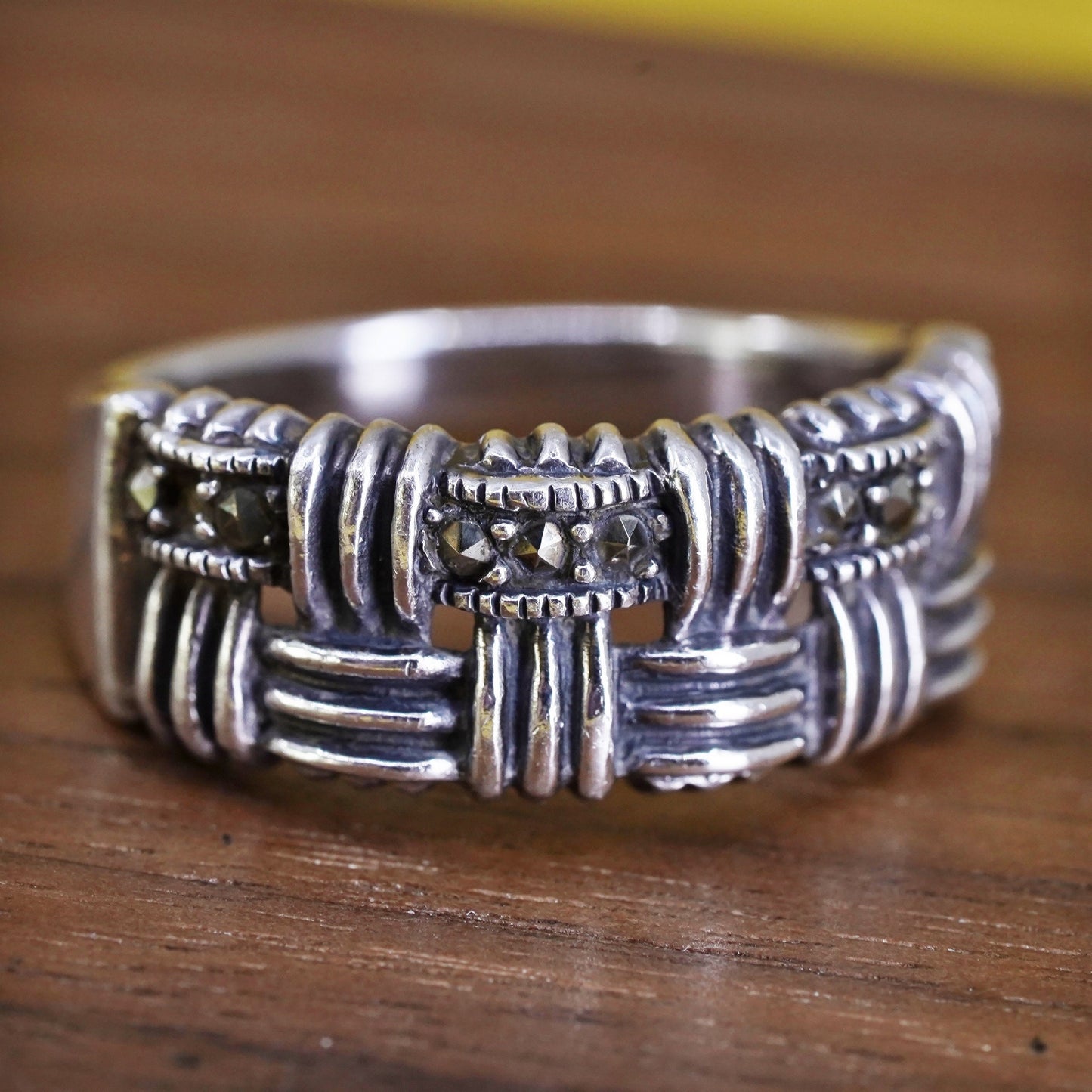 Size 8, vintage Sterling silver ring with marcasite, 925 stackable band