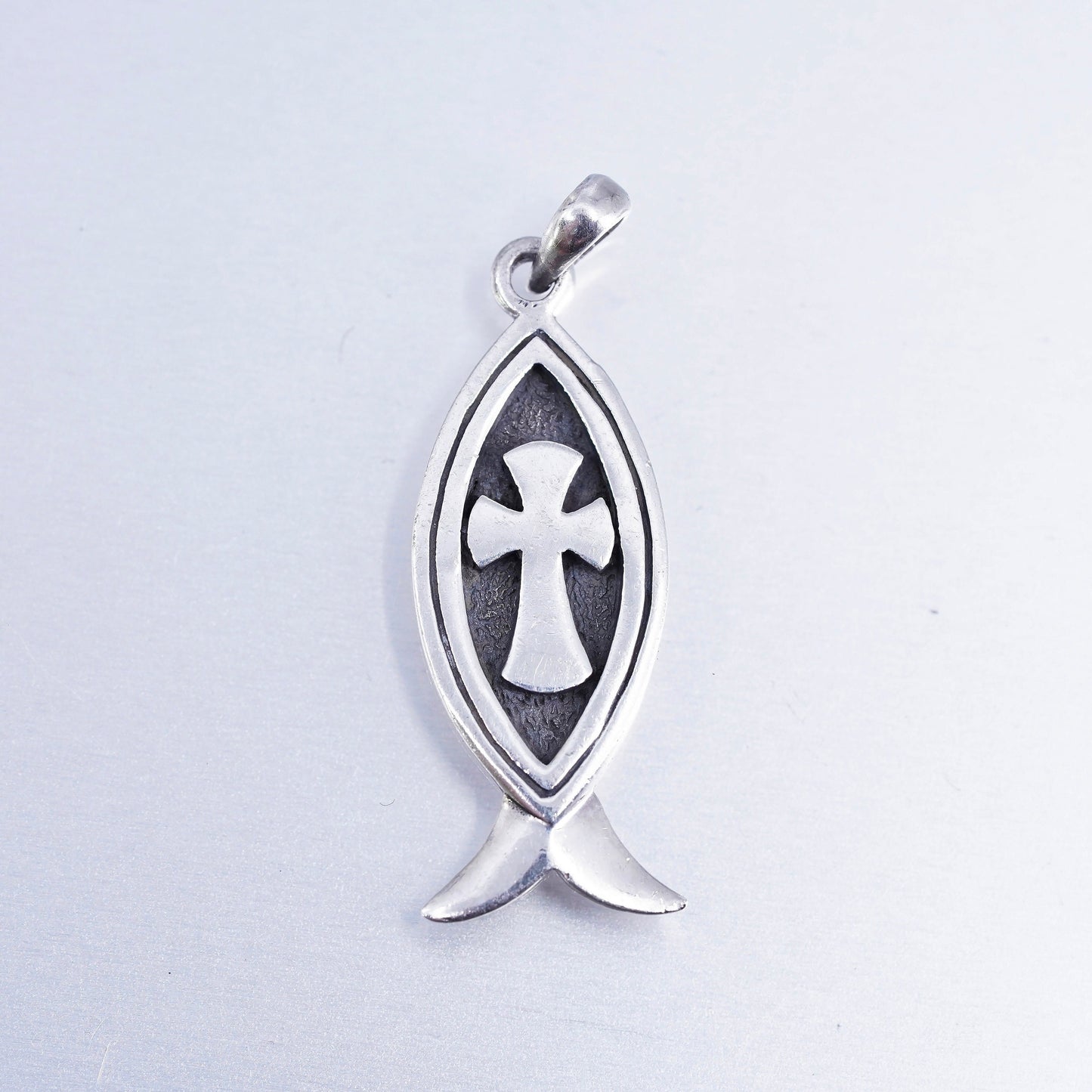 Vintage Sterling silver handmade charm, 925 fish cross pendant