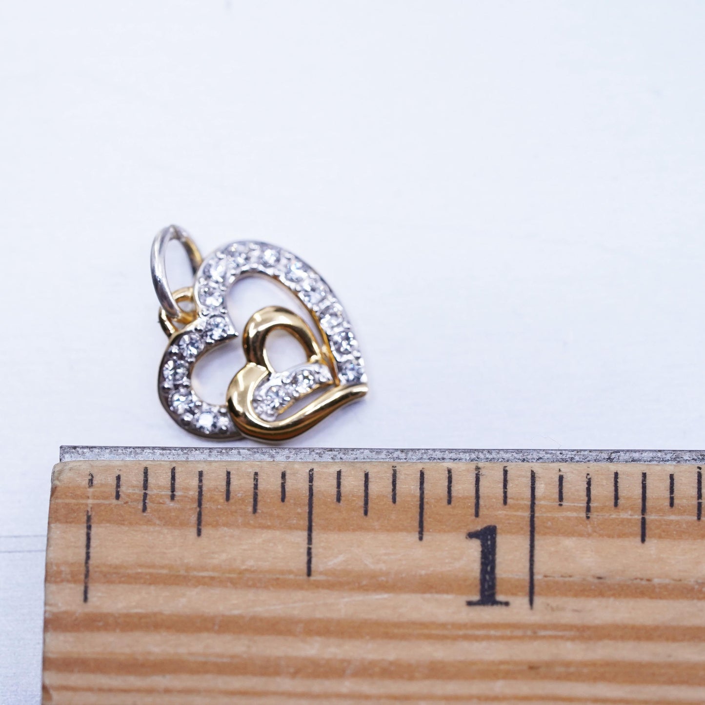 Vintage vermeil gold over sterling 925 silver double heart pendant with cz