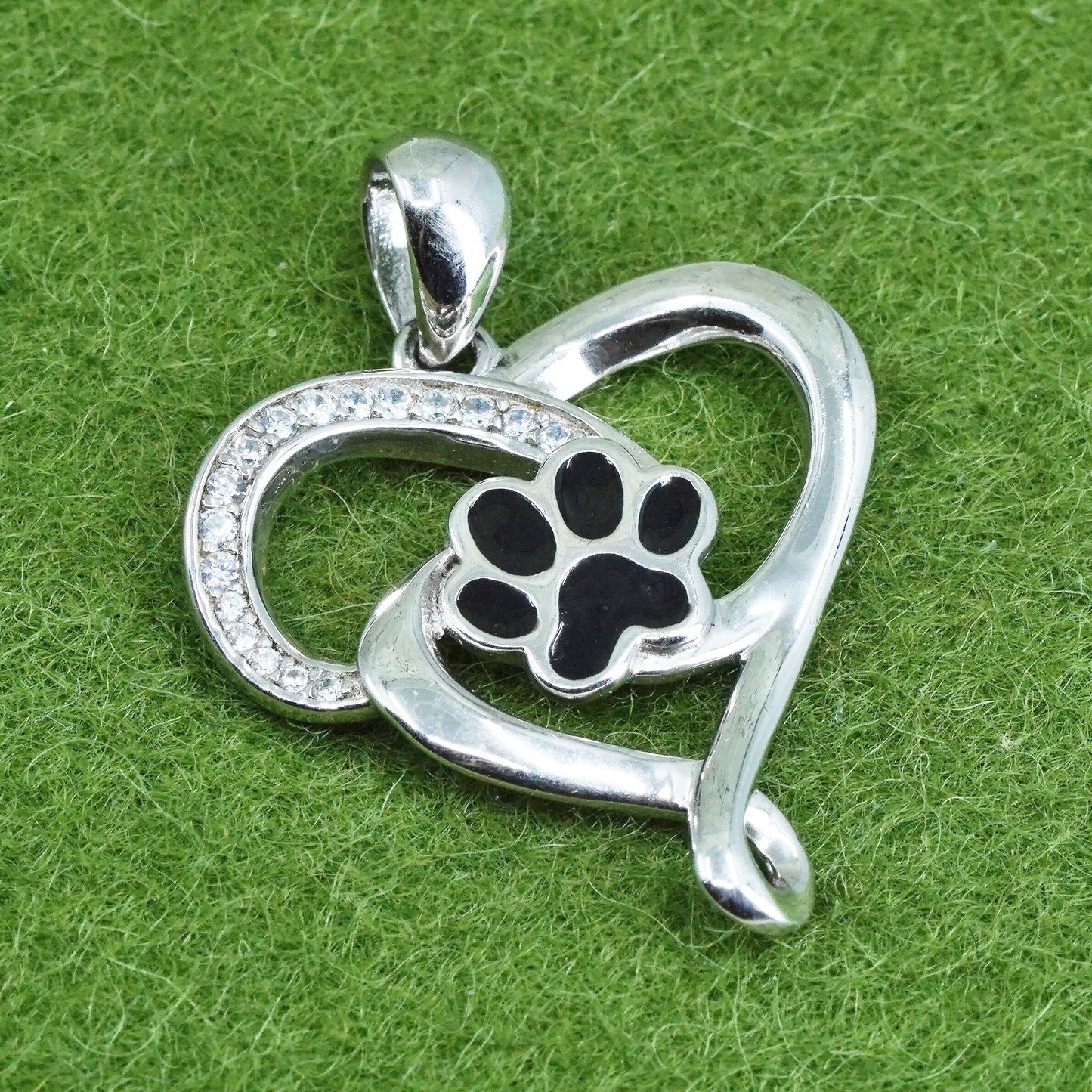 Vintage Sterling silver handmade pendant, 925 heart with black paw and cz