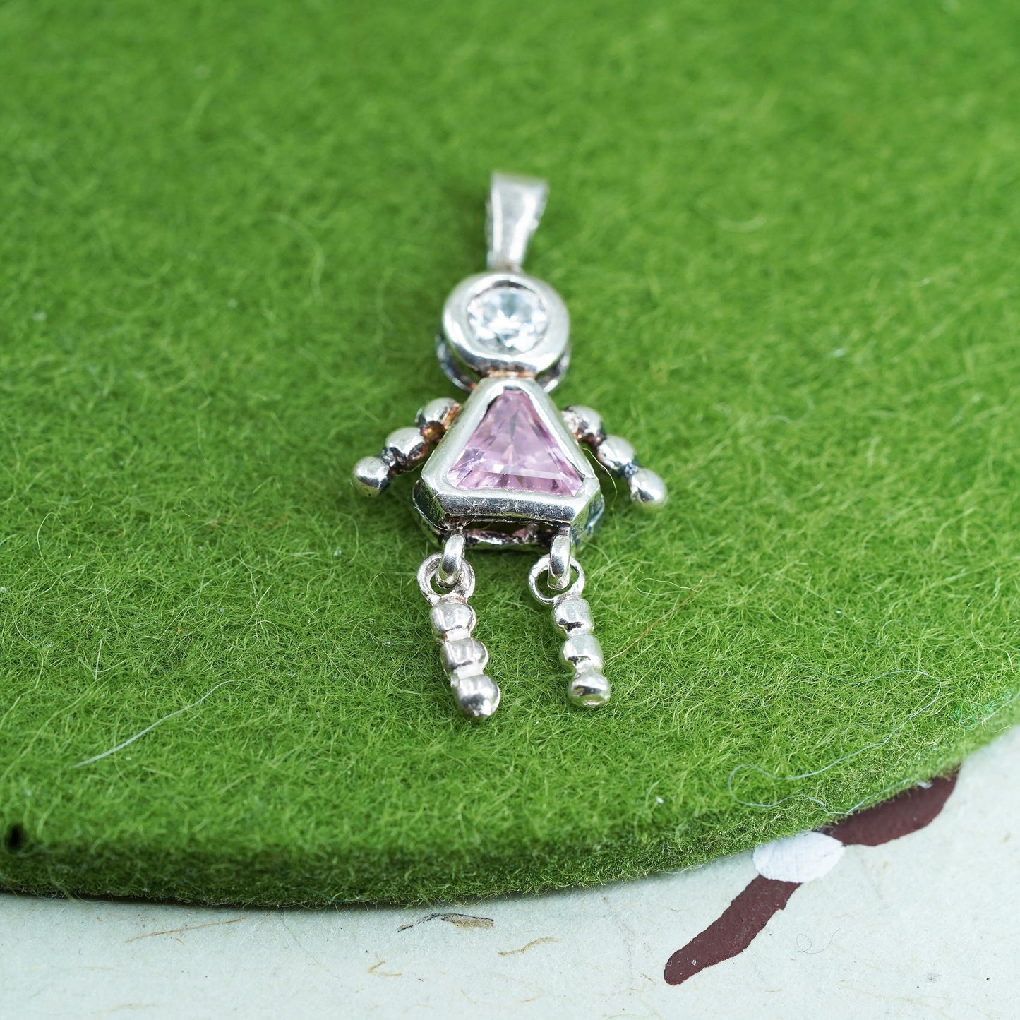 vtg sterling 925 silver birthstone pendant with pink crystal girl figure charm