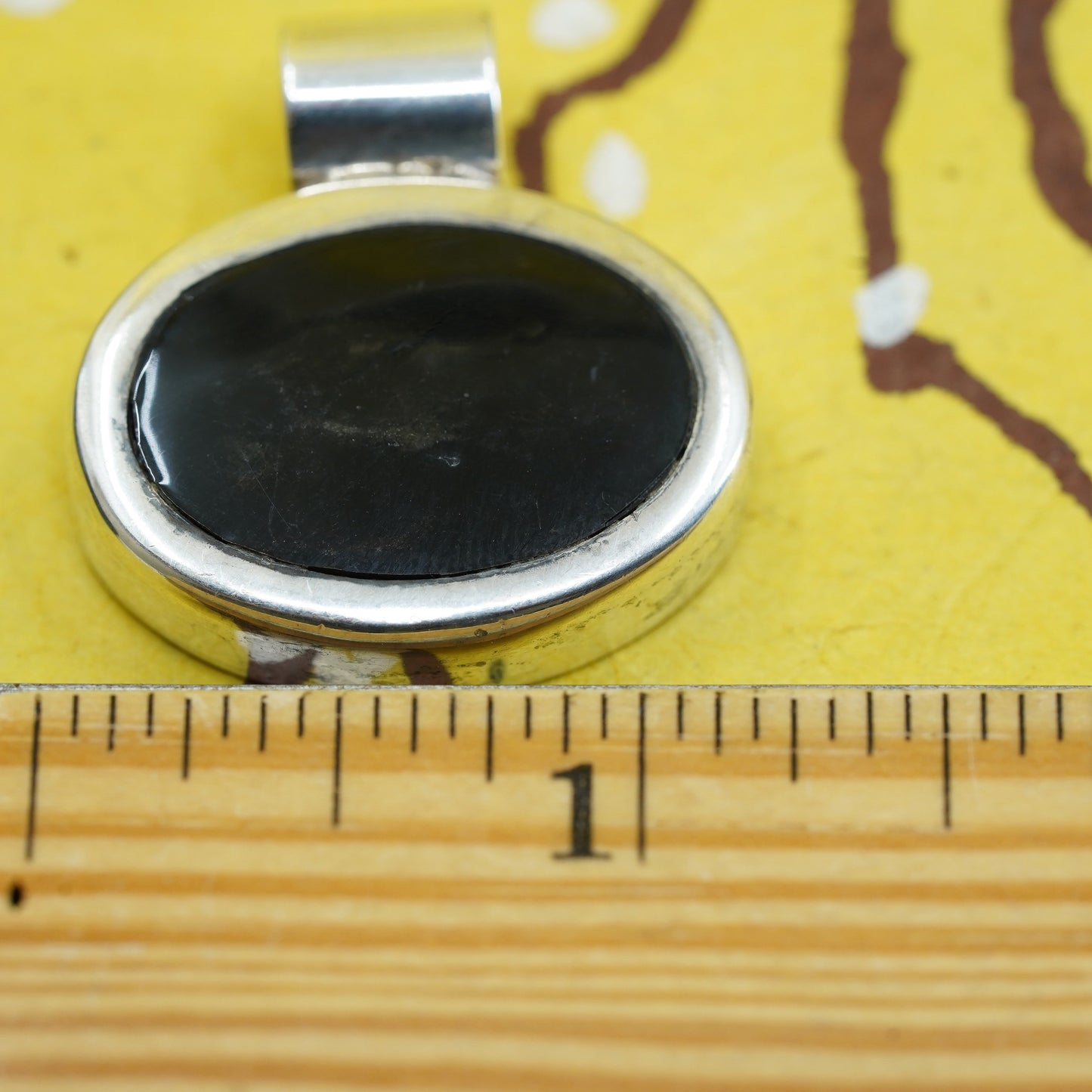 Vintage Sterling 925 silver handmade oval pendant with black enamel inlay