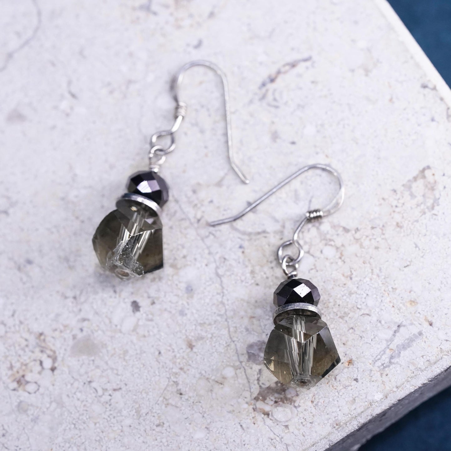 Vintage sterling silver handmade earrings, 925 hooks with smoky quartz beads