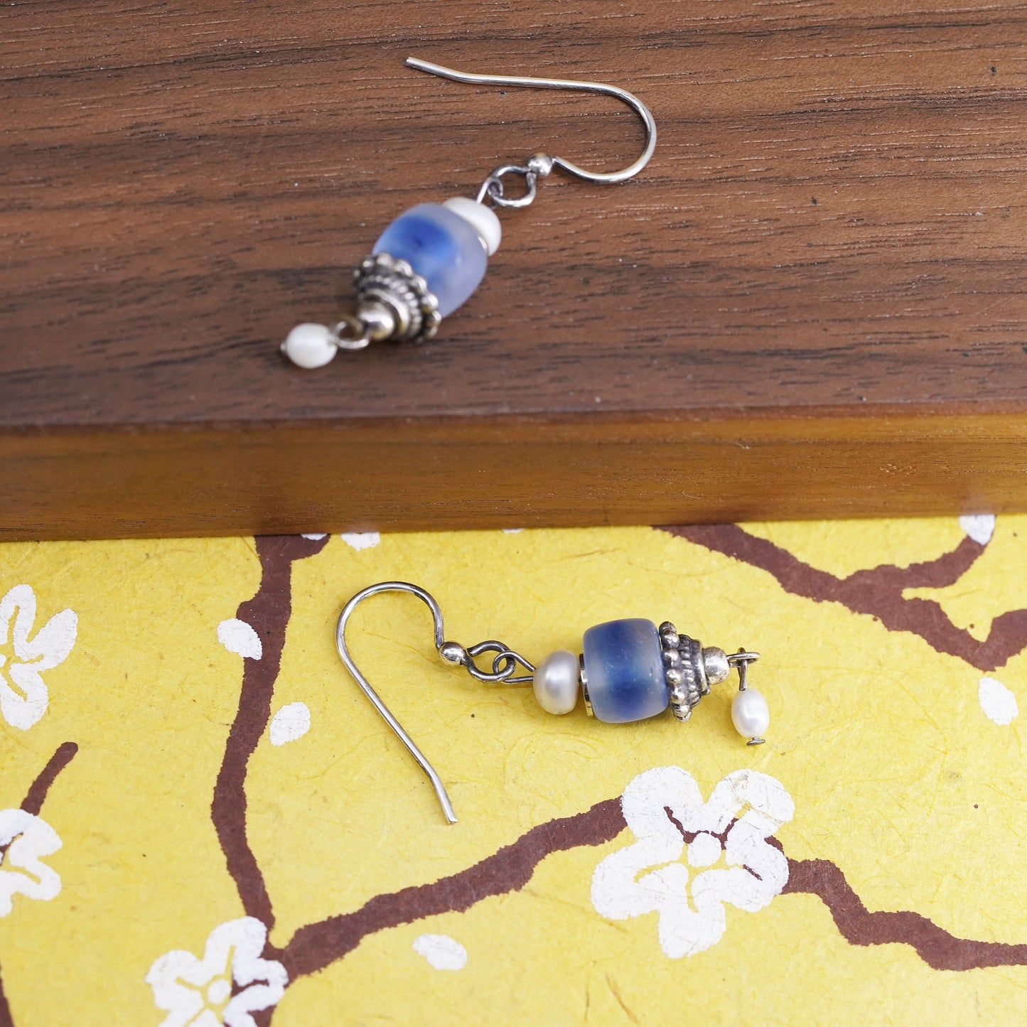 Vintage sterling 925 silver handmade earrings with pearl and blue glass bead