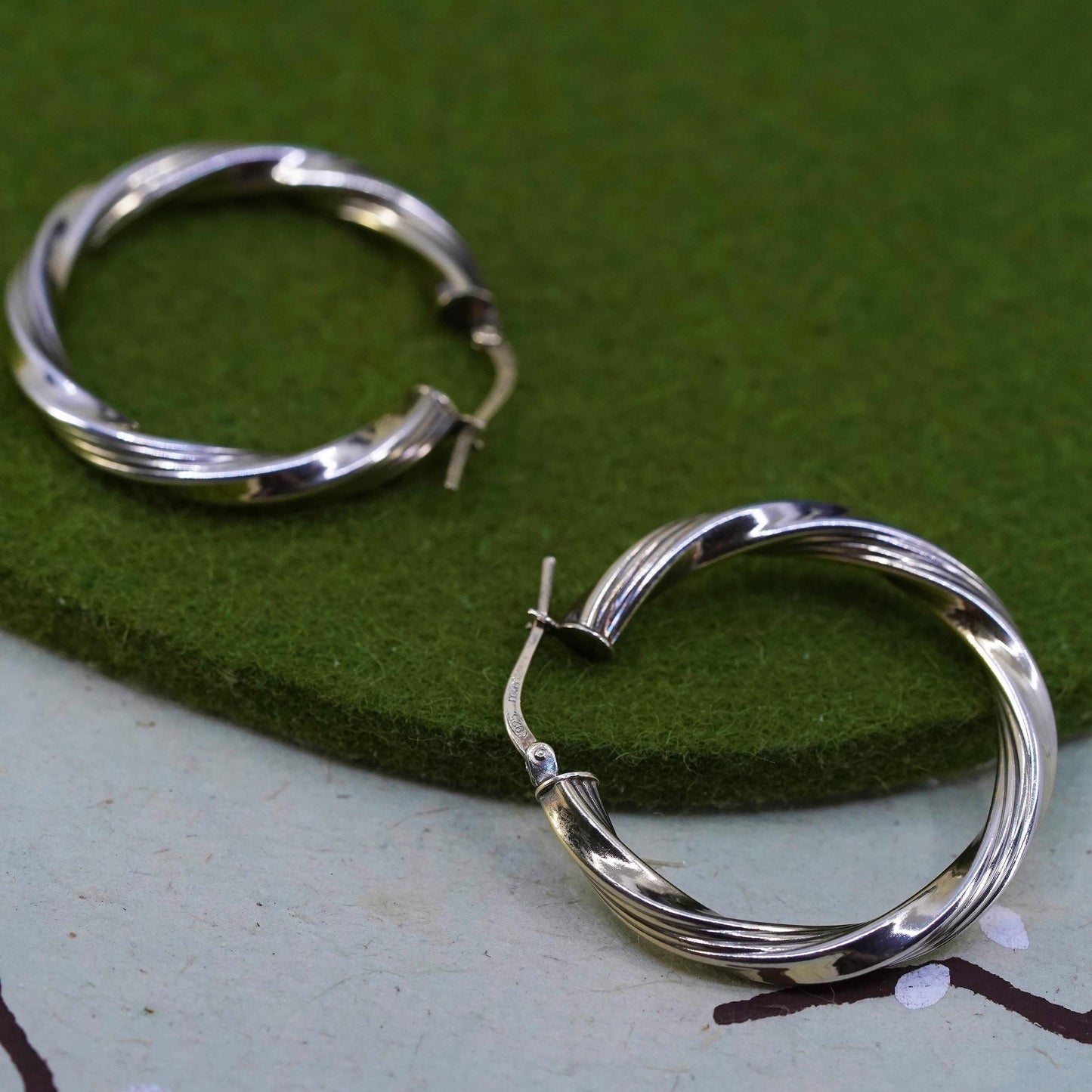 1.25”, VTG Italian gold over sterling silver loop earrings, 925 twisted hoops