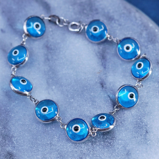 6.5”, Vintage handmade sterling 925 silver bracelet, blue glass evil eye beads