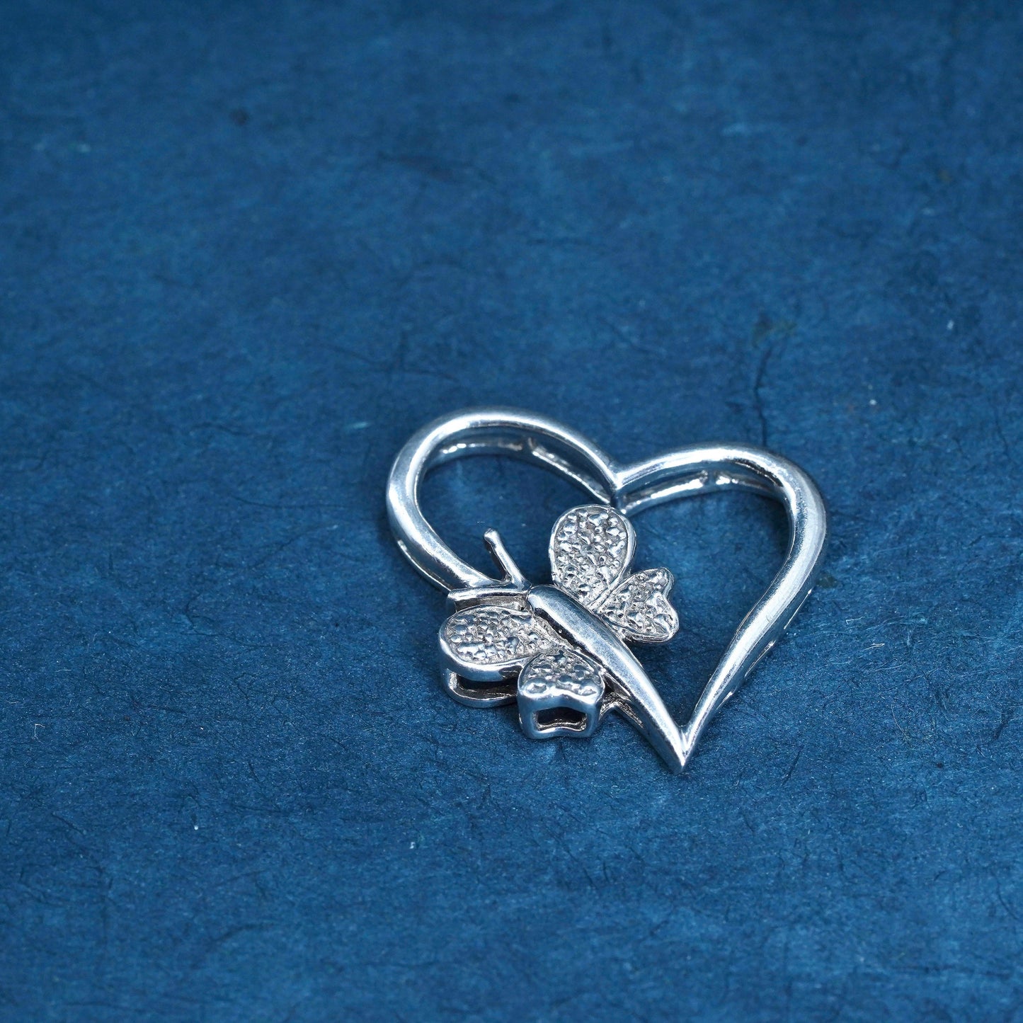 Vintage Sterling 925 silver heart pendant with butterfly and diamond