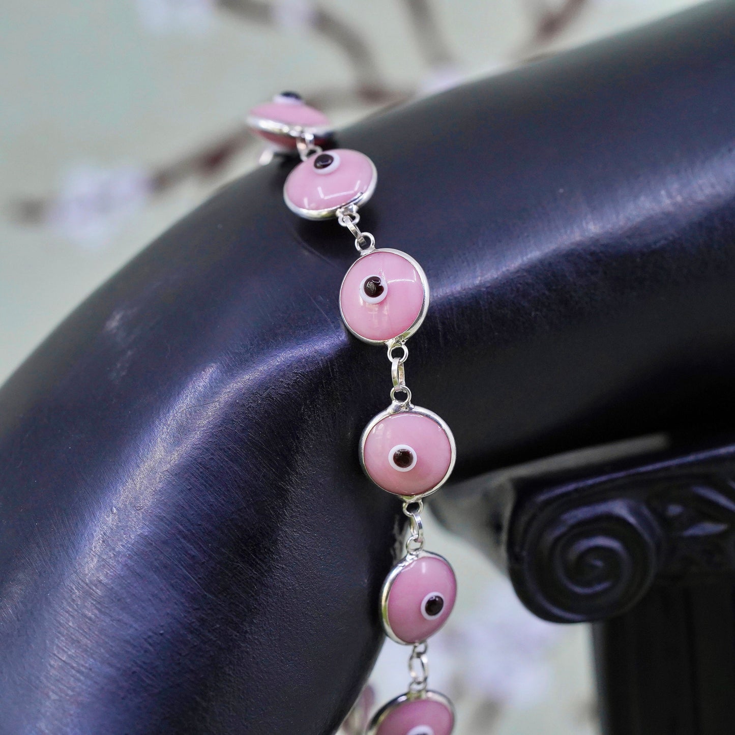 6.75”, vintage handmade sterling silver bracelet, pink glass evil eye beads