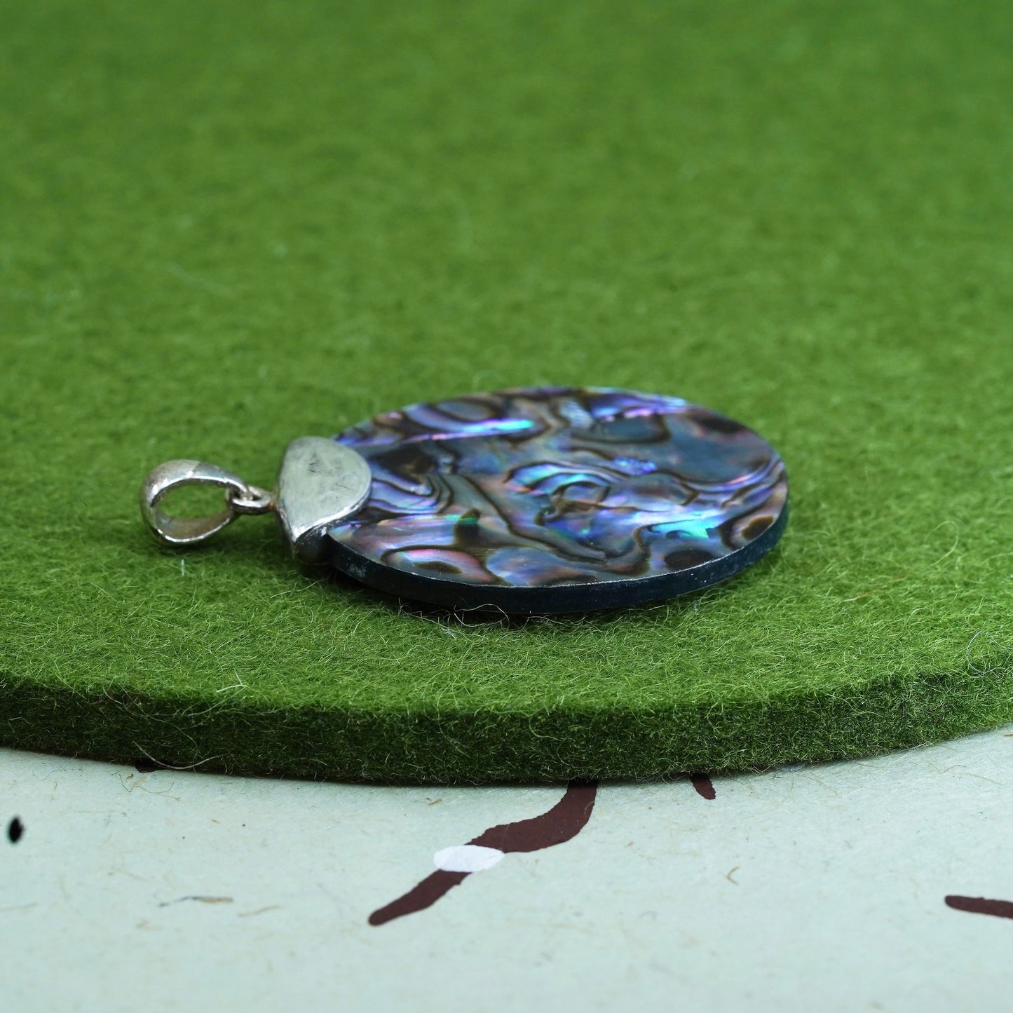 Vintage sterling 925 silver handmade oval pendant with abalone inlay