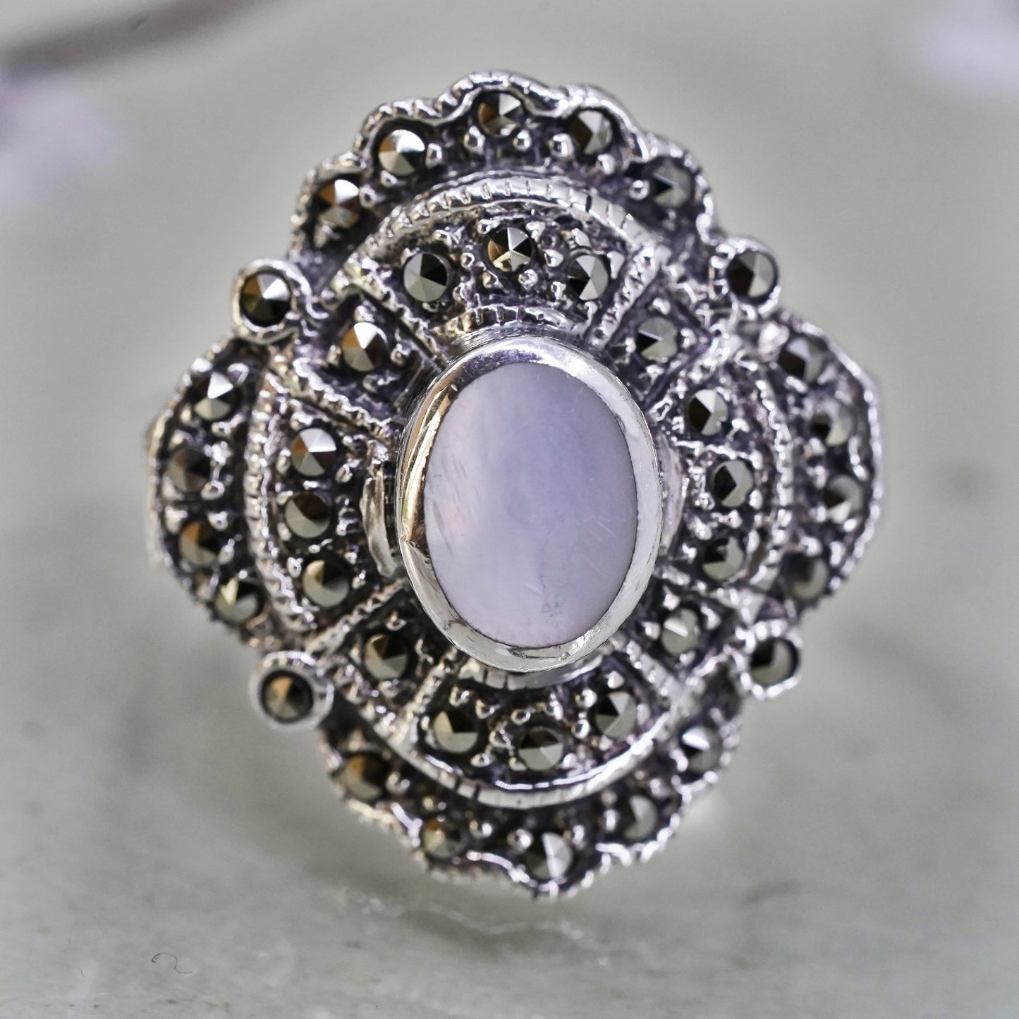 Size 8.25, sterling silver Southwestern 925 ring mother of pearl and marcasite