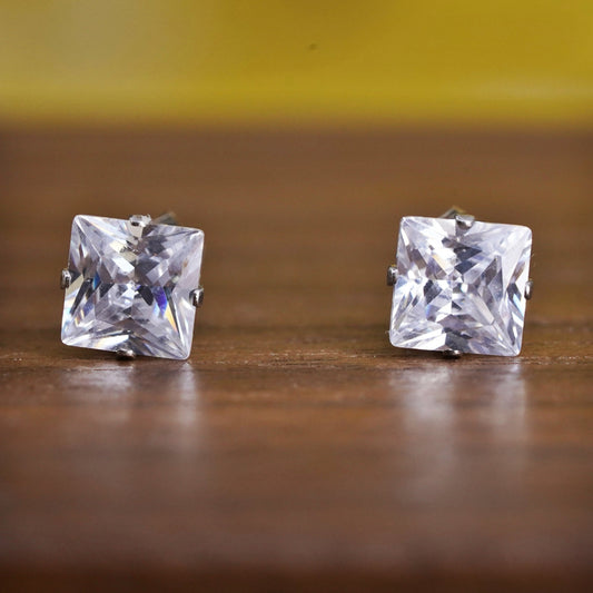 4mm, Vintage Sterling 925 silver clear cz studs, square earrings