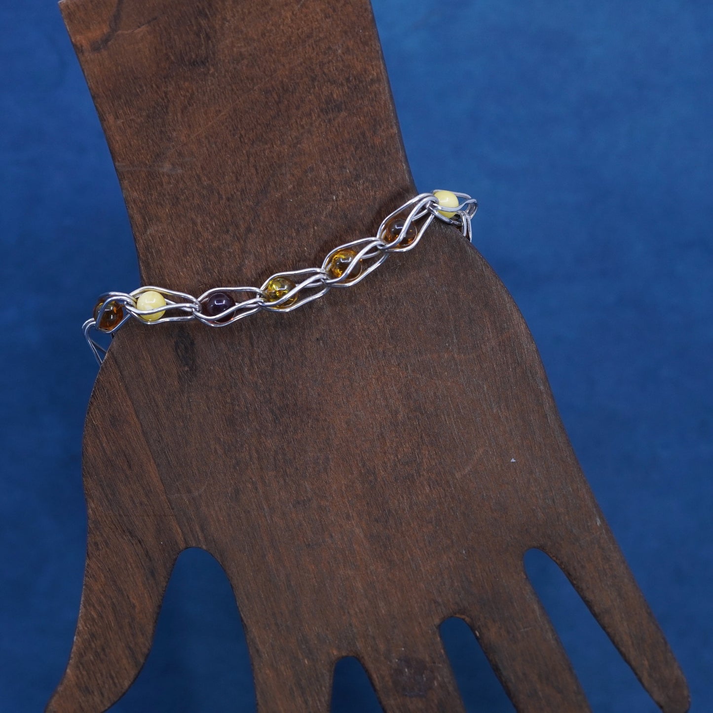 7.5”, vintage sterling silver 925 handmade bracelet with amber beads
