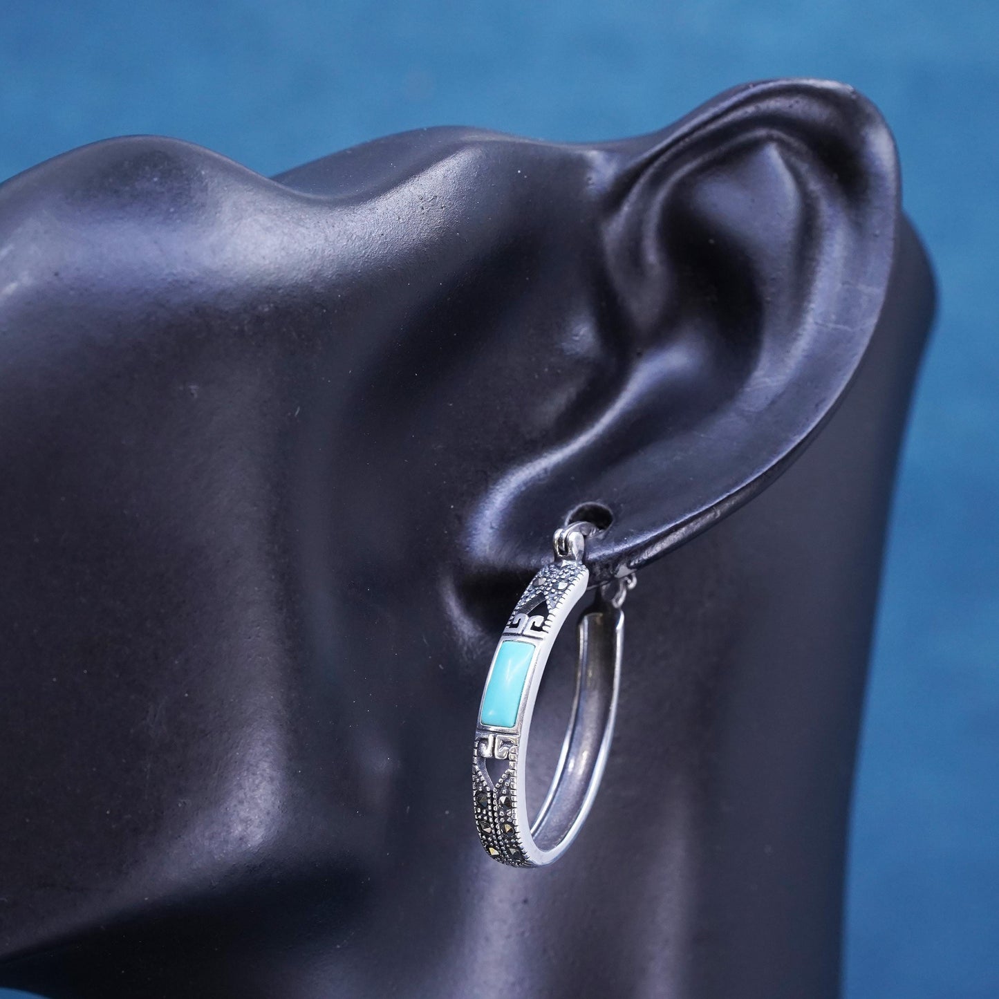 1.25", Mexican southwestern Sterling silver hoop earrings, 925 huggie turquoise