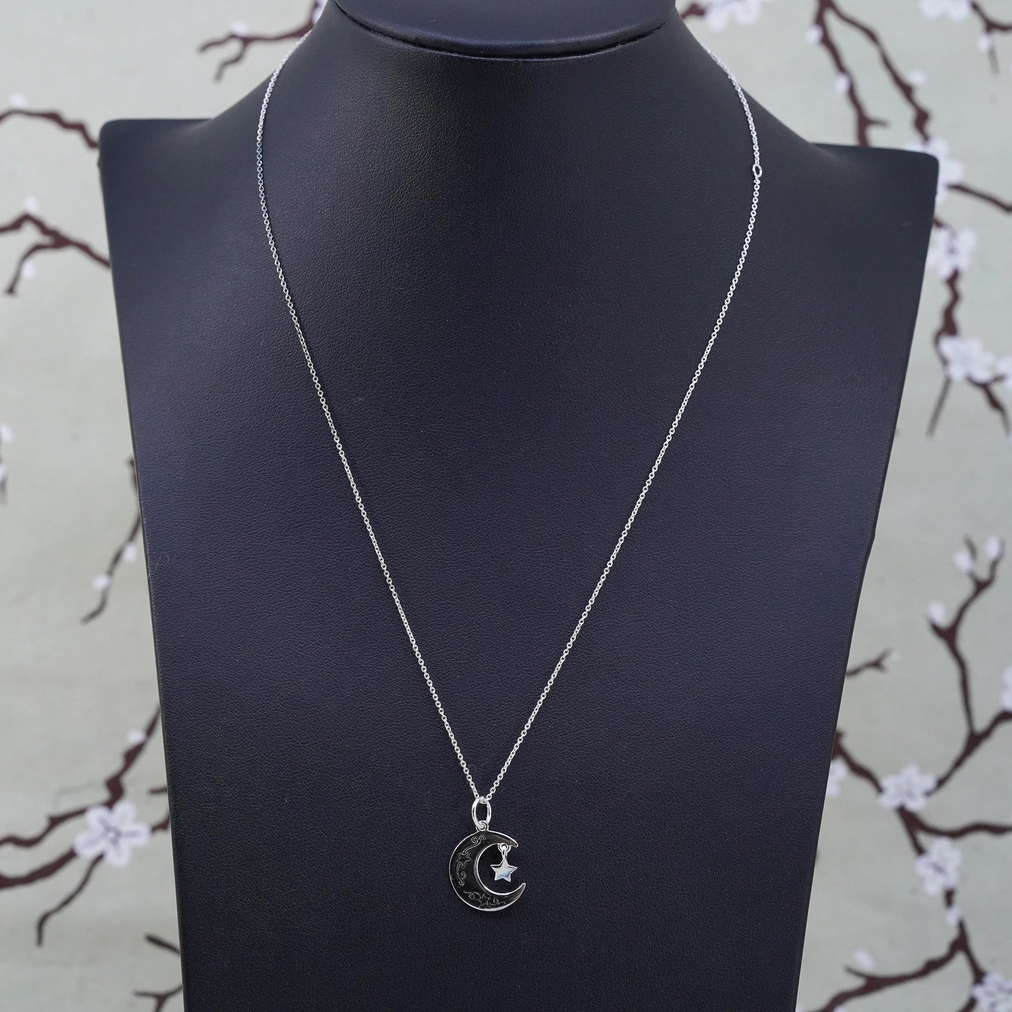 Sterling silver box chain necklace, 925 heart moon pendant "I love you