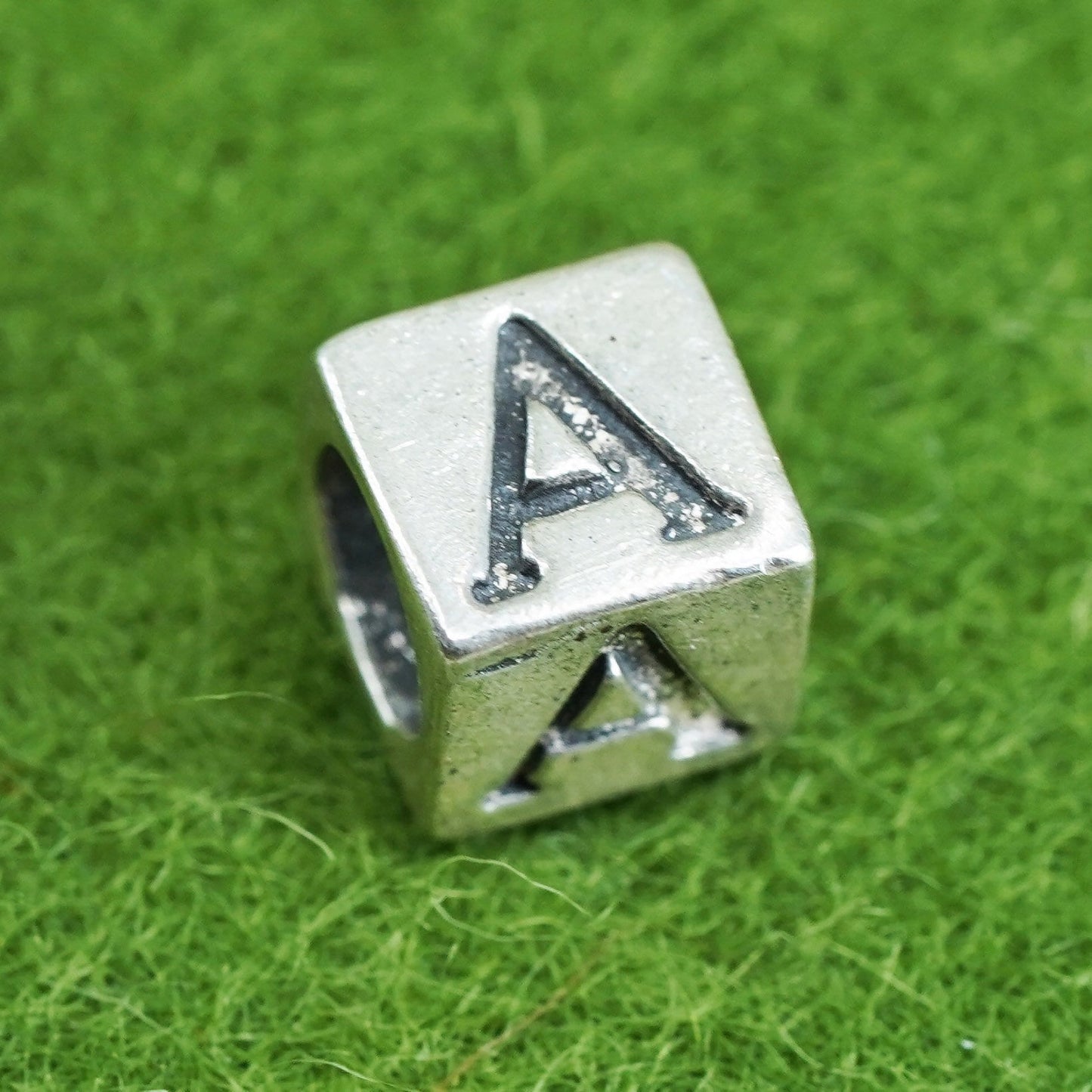 Vintage sterling silver handmade pendant, 925 cube charm engraved letter “A”