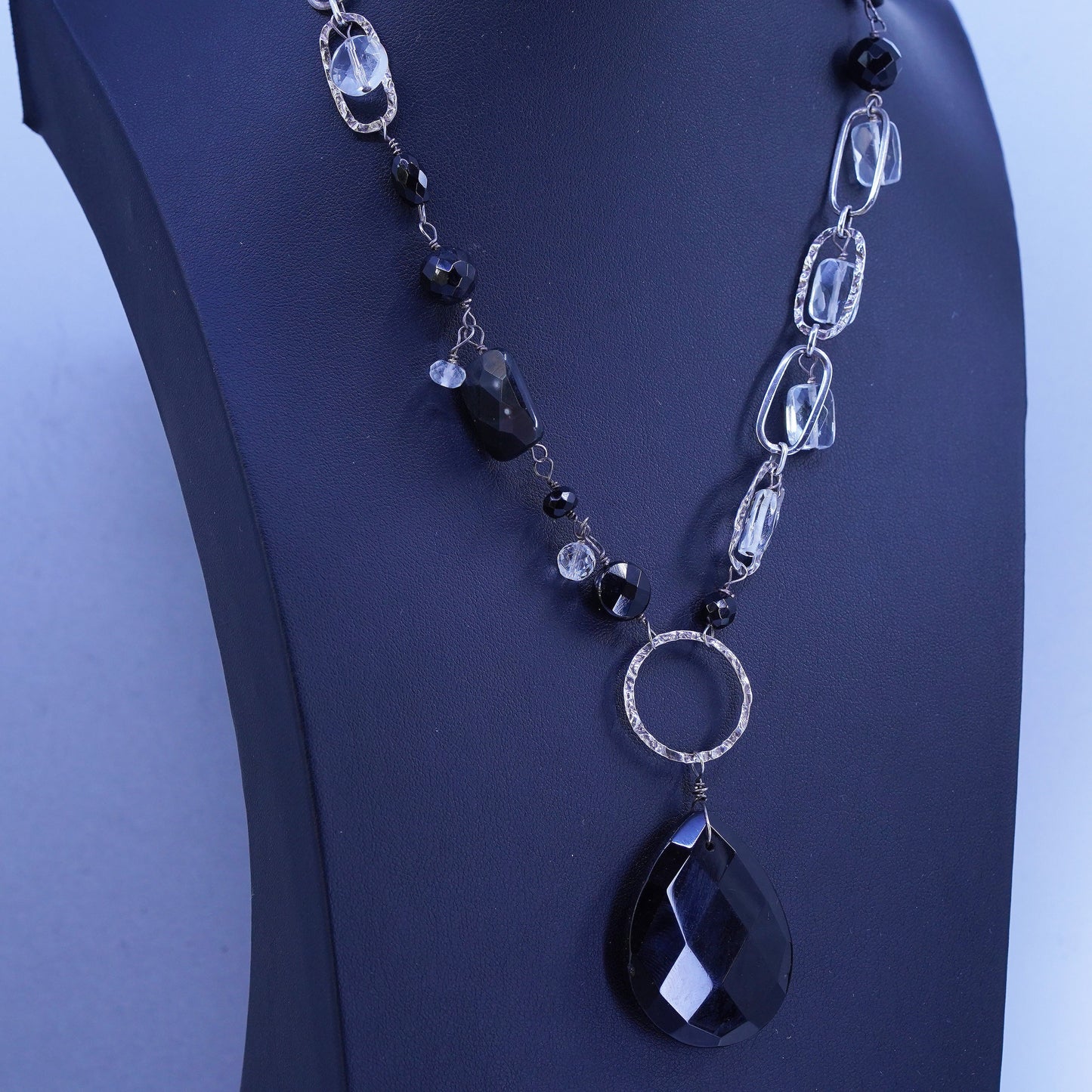 16”, Sterling 925 silver crystal obsidian beads necklace teardrop pendant