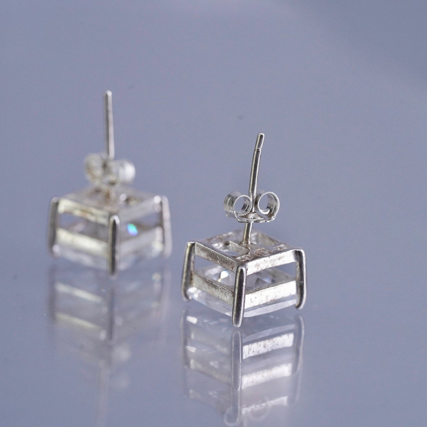 9mm, Vintage Sterling 925 silver earrings, studs with square cz inlay