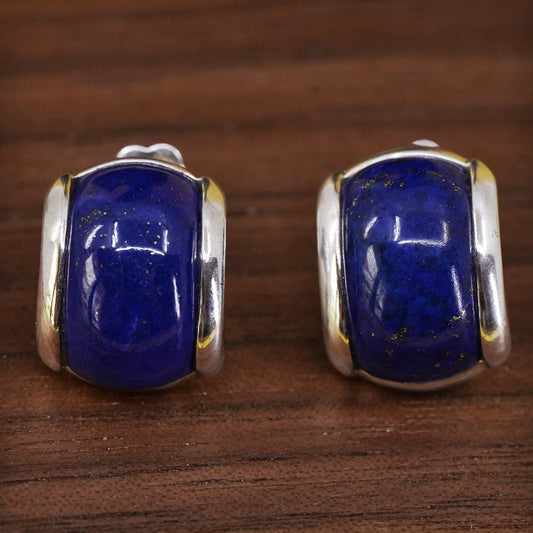 vintage Sterling silver handmade earrings, 925 huggie studs with lapis lazuli
