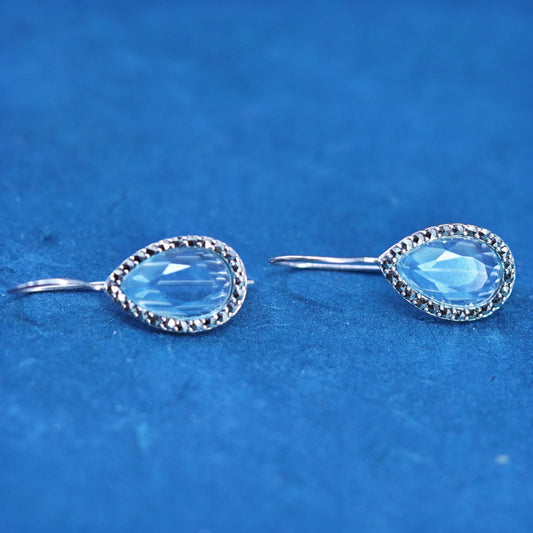 sterling 925 silver handmade teardrop earrings with blue crystal and marcasite