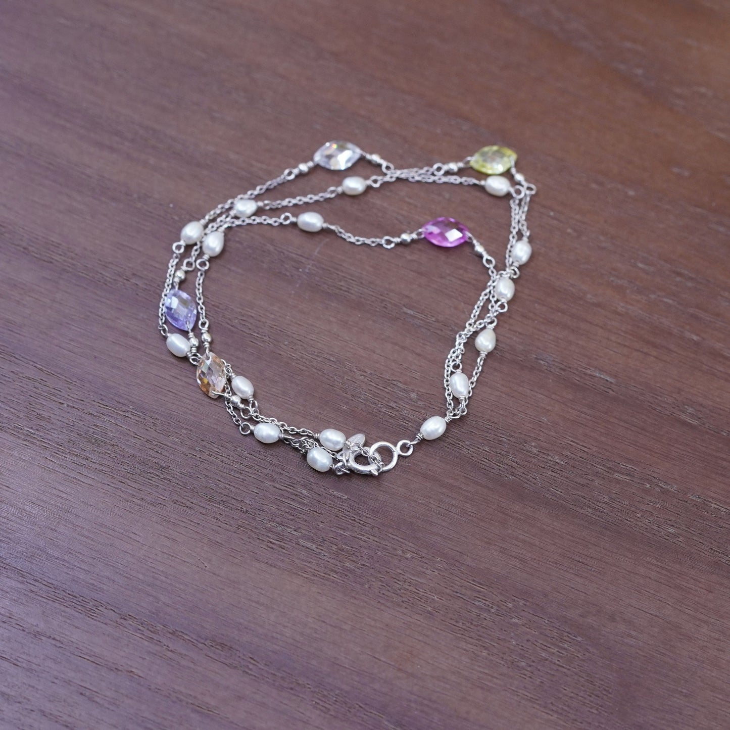 7.5”, 925 Sterling bracelet, 3 multi strands liquid Silver chain pearl crystal