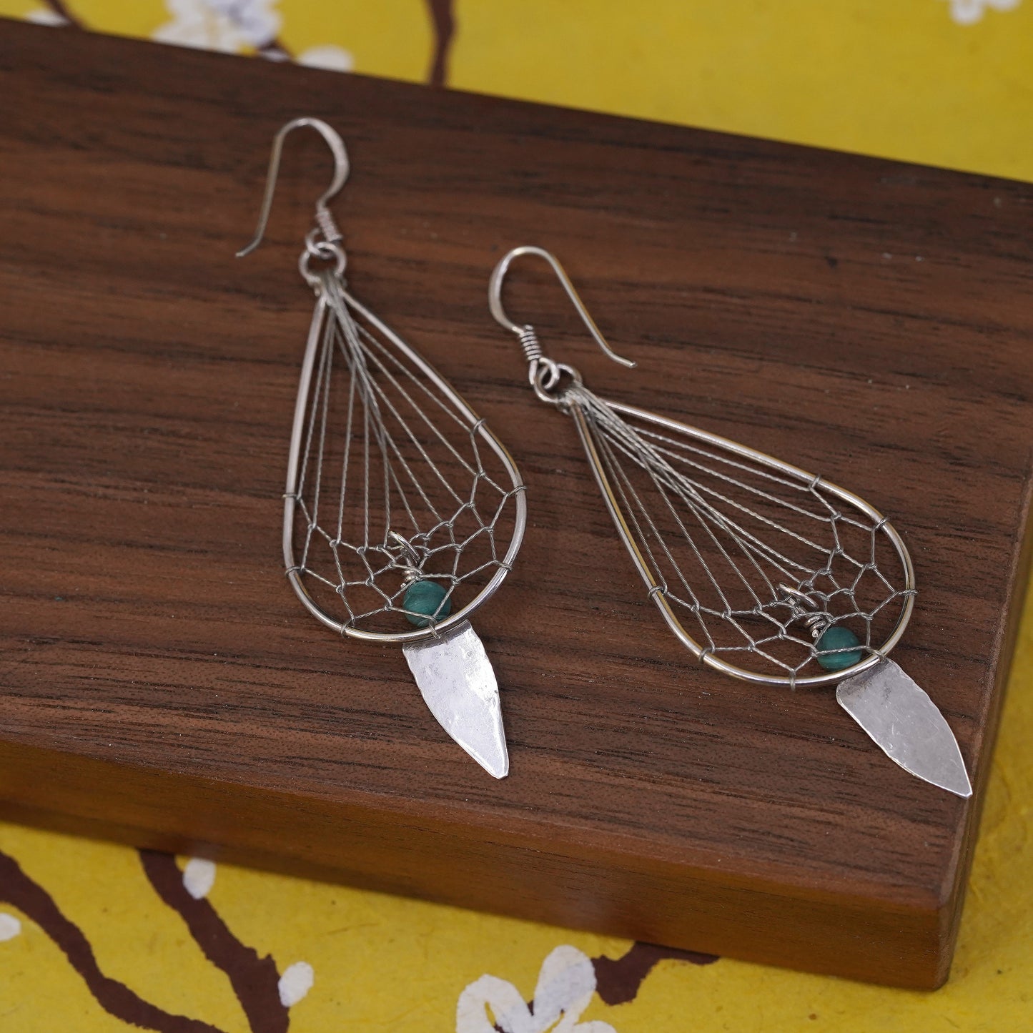 Southwestern Sterling 925 silver handmade earrings with teardrop malachite