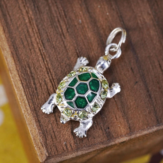 VTG Sterling silver handmade pendant, 925 green turtle with enamel wave crystal