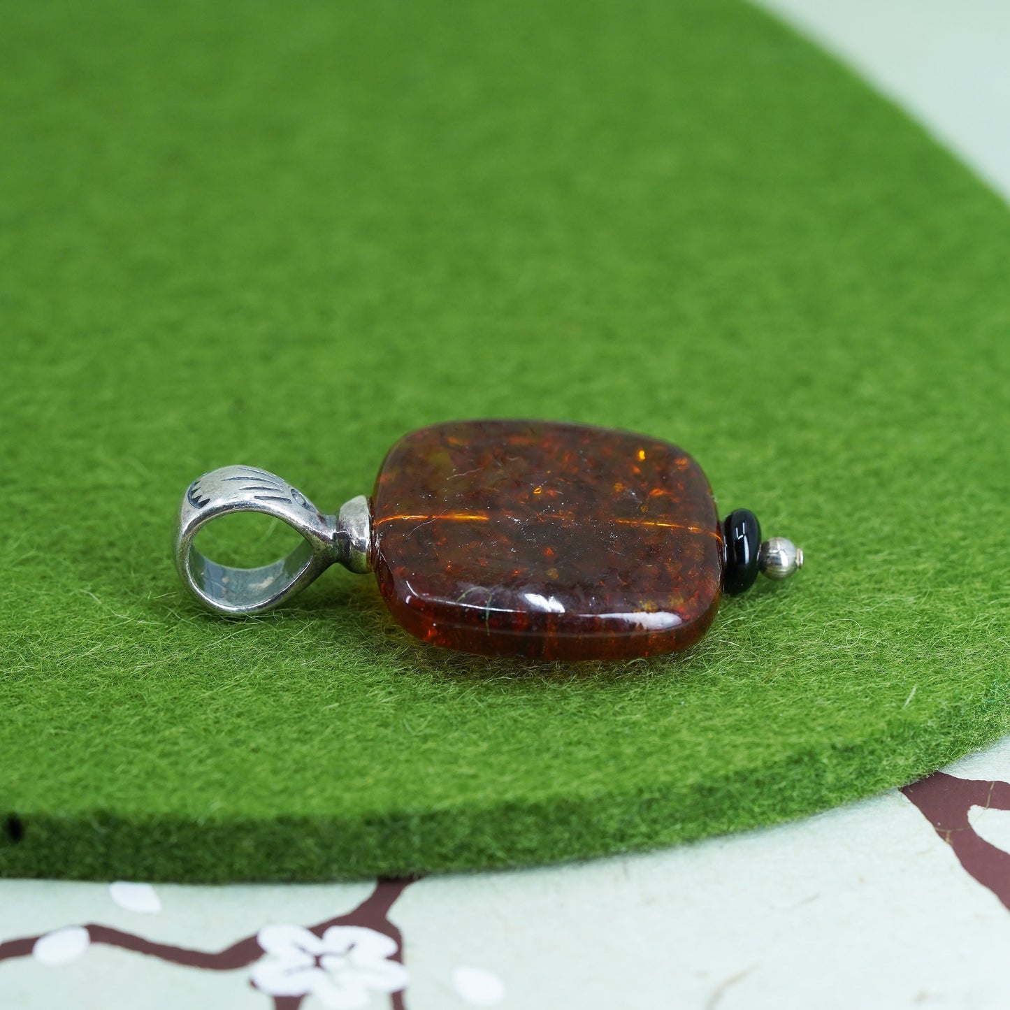 Vintage southwestern Sterling 925 silver handmade pendant with square amber