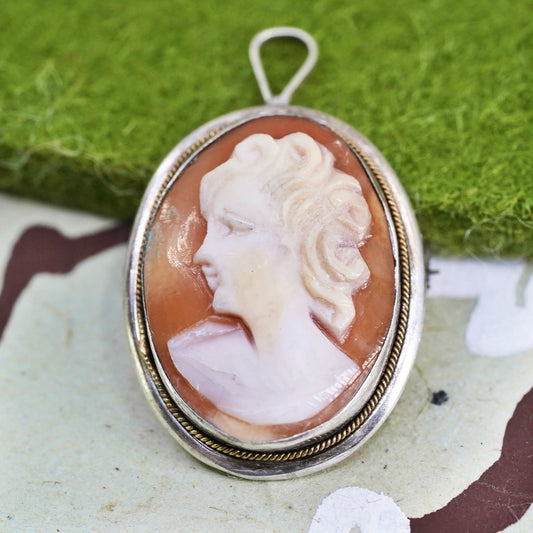 Germany Sterling silver handmade pendant, 800 oval brooch cameo carnelian girl