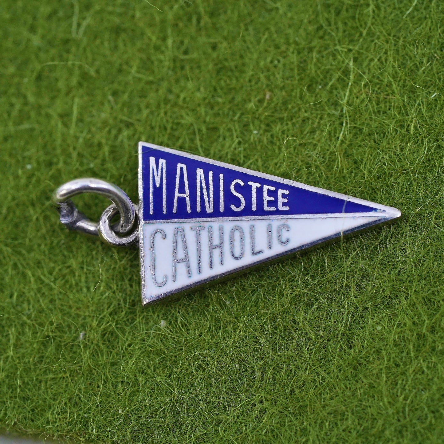 Vintage sterling handmade traveler pendant, 925 enamel Manistee Catholic tag