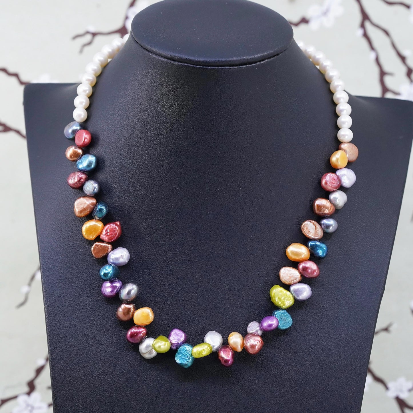 18”, Sterling 925 silver handmade necklace with cluster rainbow pearl beads