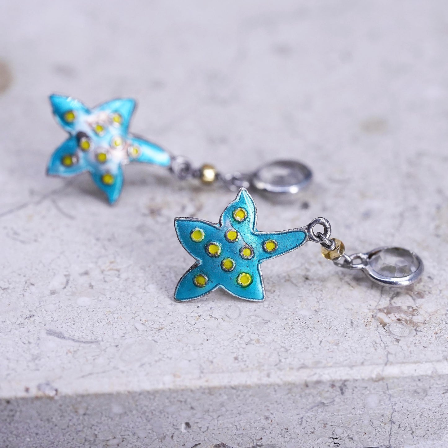 Vintage Sterling 925 silver handmade earrings, blue enamel starfish crystal