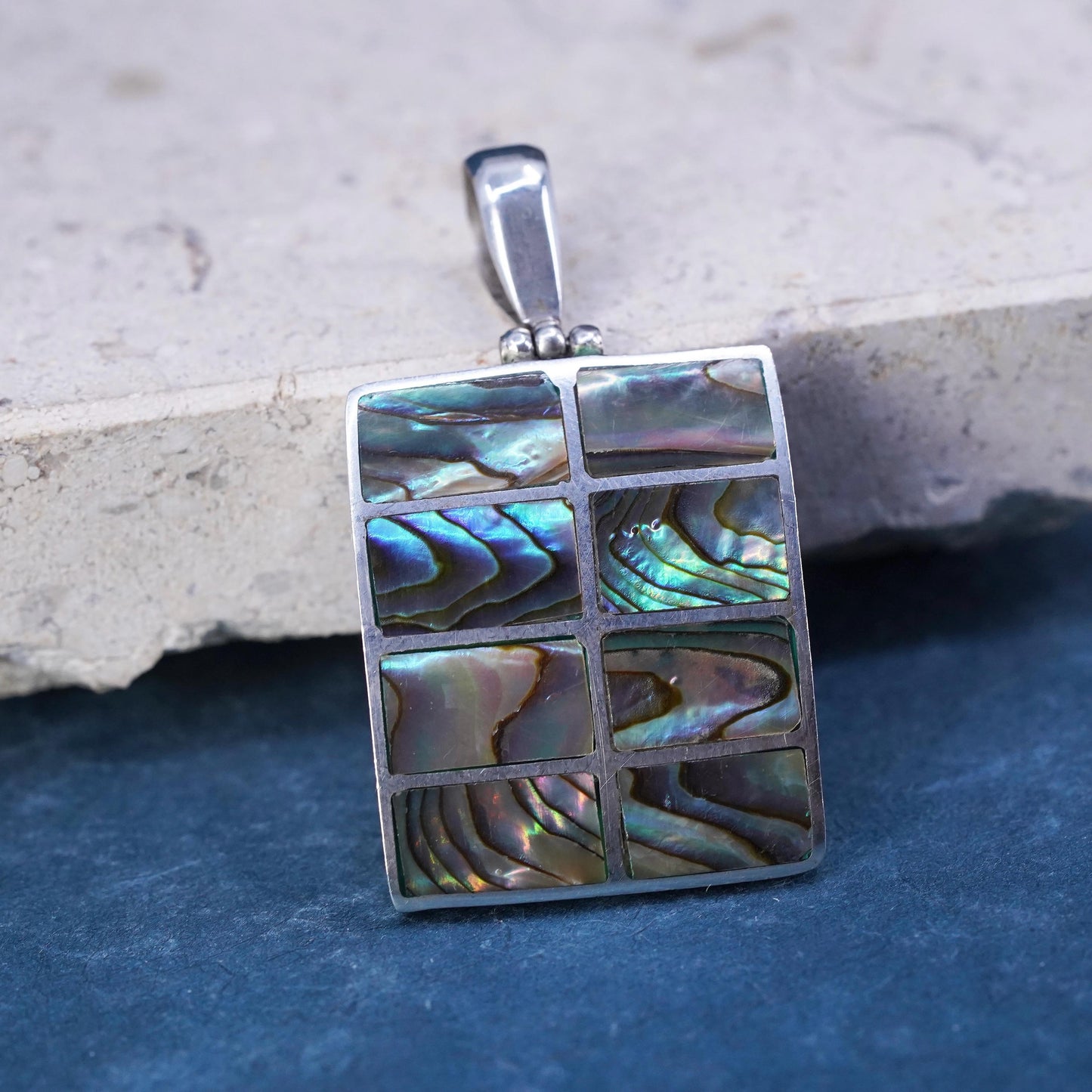 Vintage Sterling silver handmade pendant, 925 rectangle pendant with abalone